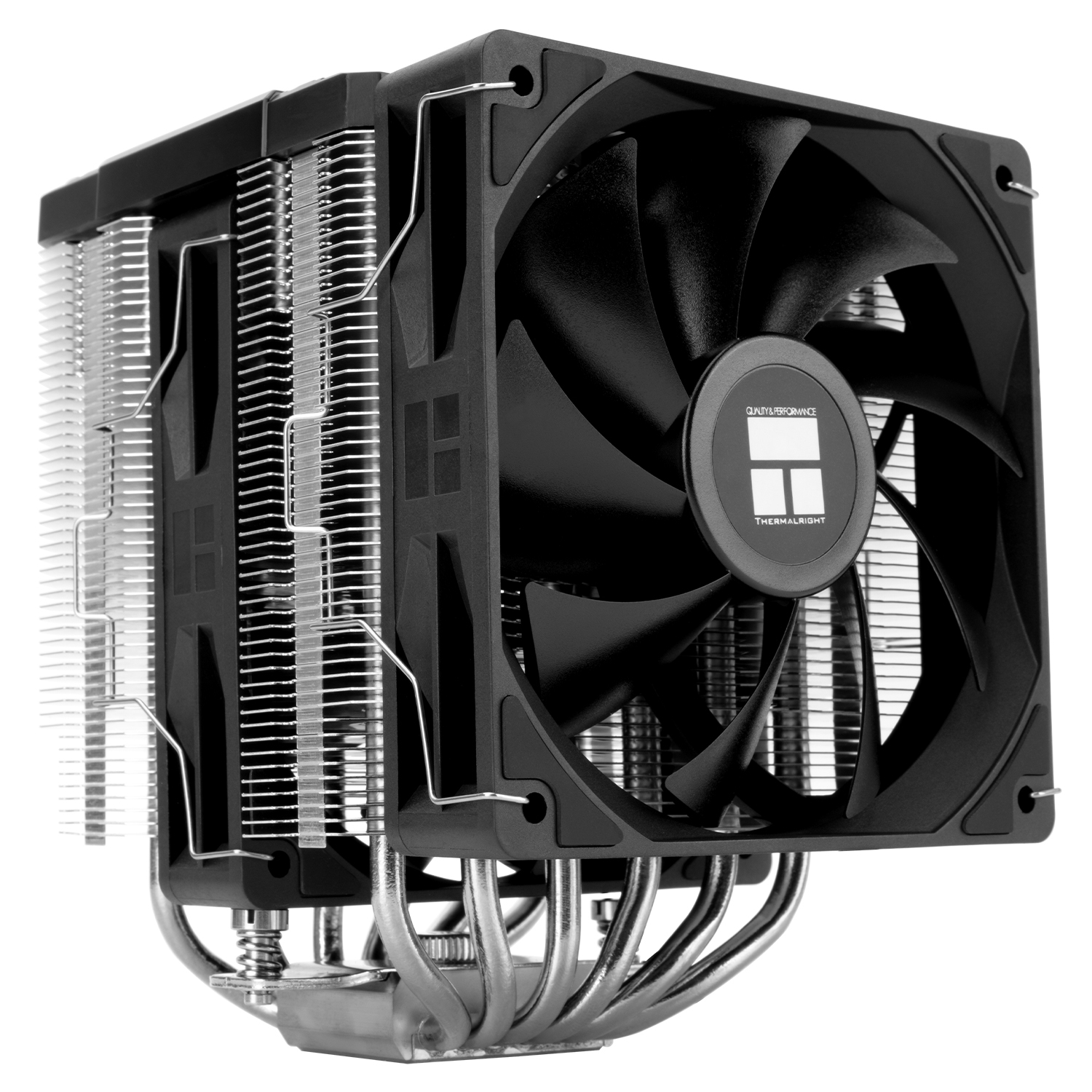 Fanlı siyah ve gümüş bir CPU soğutucusu. Isı boruları, kanatçıklar ve Thermalright logolu bir fana sahiptir.