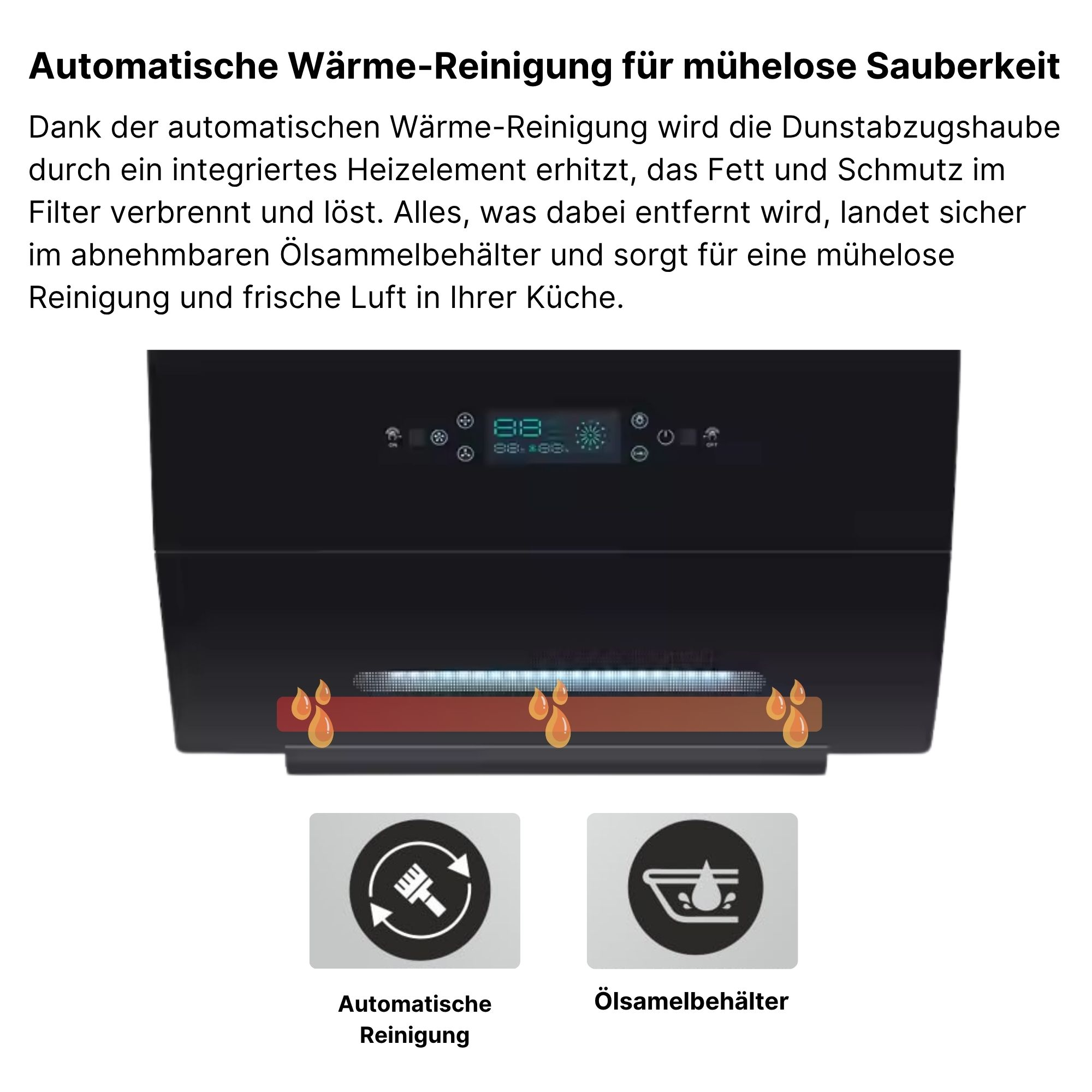 Schwarze Dunstabzugshaube mit Digitalanzeige und Symbolen. Symbole für Reinigung und Ölsammlung sind unten dargestellt.