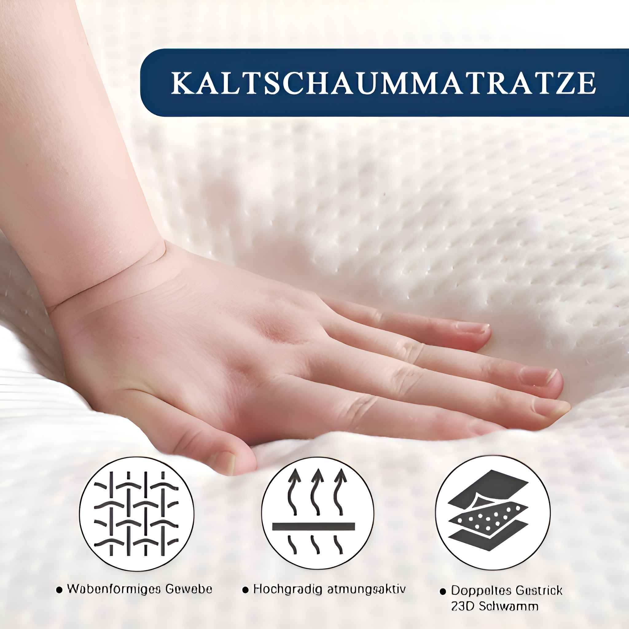 Eine Hand liegt auf einer weißen strukturierten Oberfläche, möglicherweise einer Matratze. Dunkelblaues Banner mit 'KALTSCHAUMMATRATZE'. Symbole für Stoff, Luftstrom und Schichten.