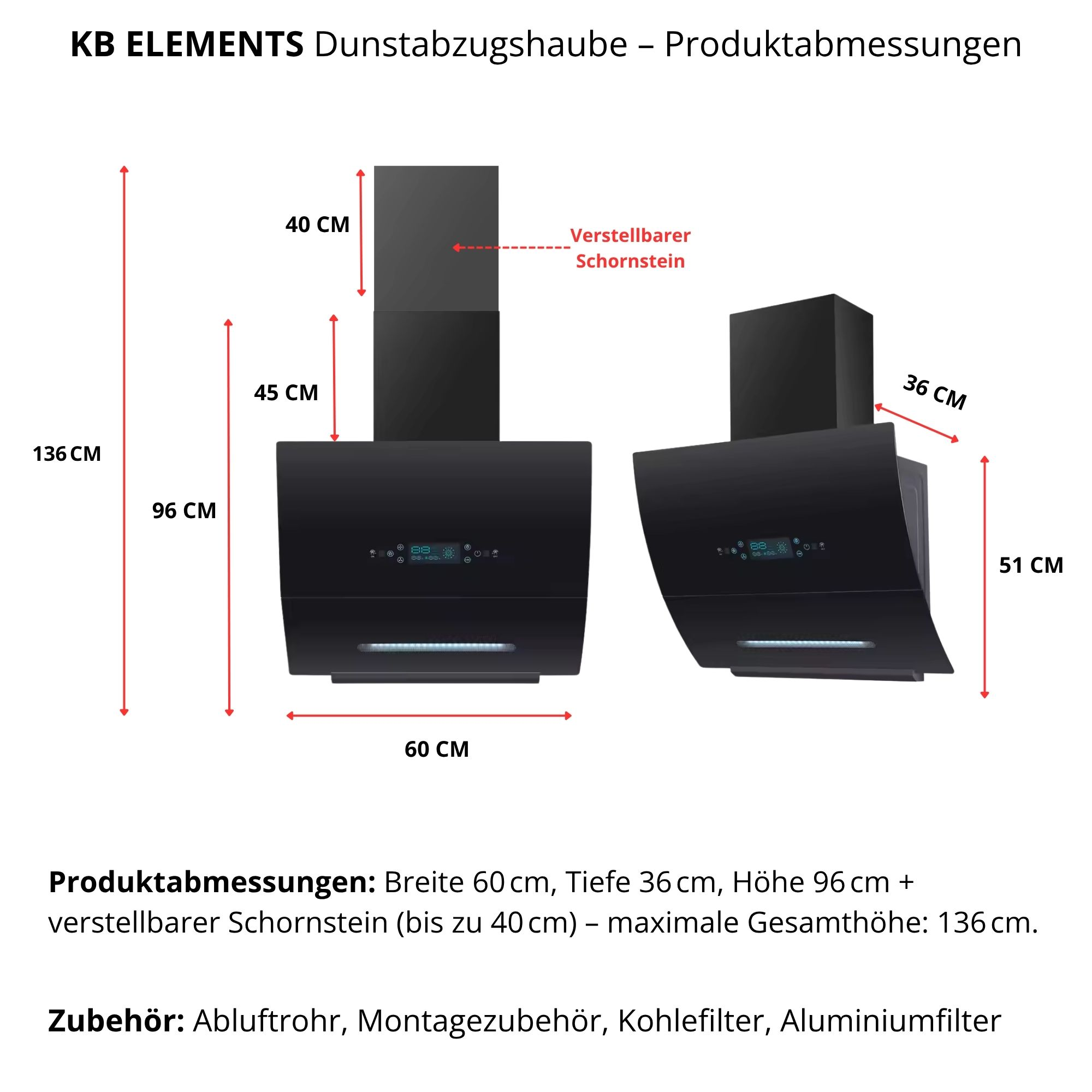 Das Bild zeigt eine schwarze Dunstabzugshaube mit Abmessungen. Maße umfassen Höhe, Breite und Tiefe sowie Zubehör.