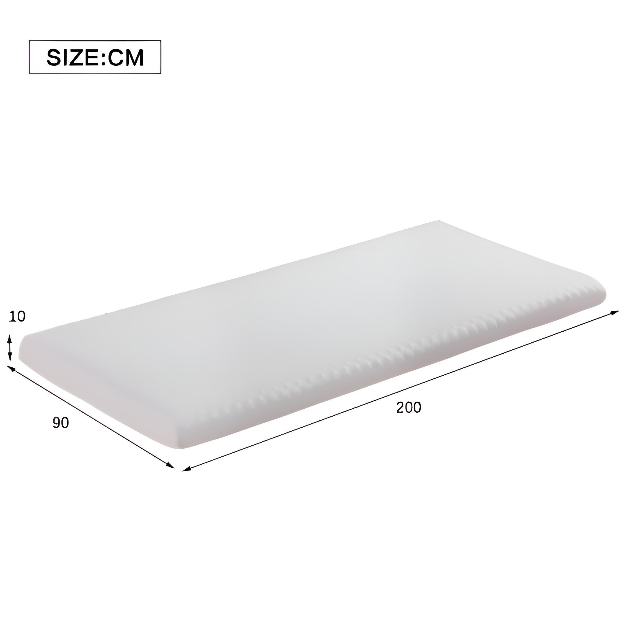 Eine weiße rechteckige Matratze mit den angegebenen Maßen: 200 cm lang, 90 cm breit und 10 cm dick, vor weißem Hintergrund.
