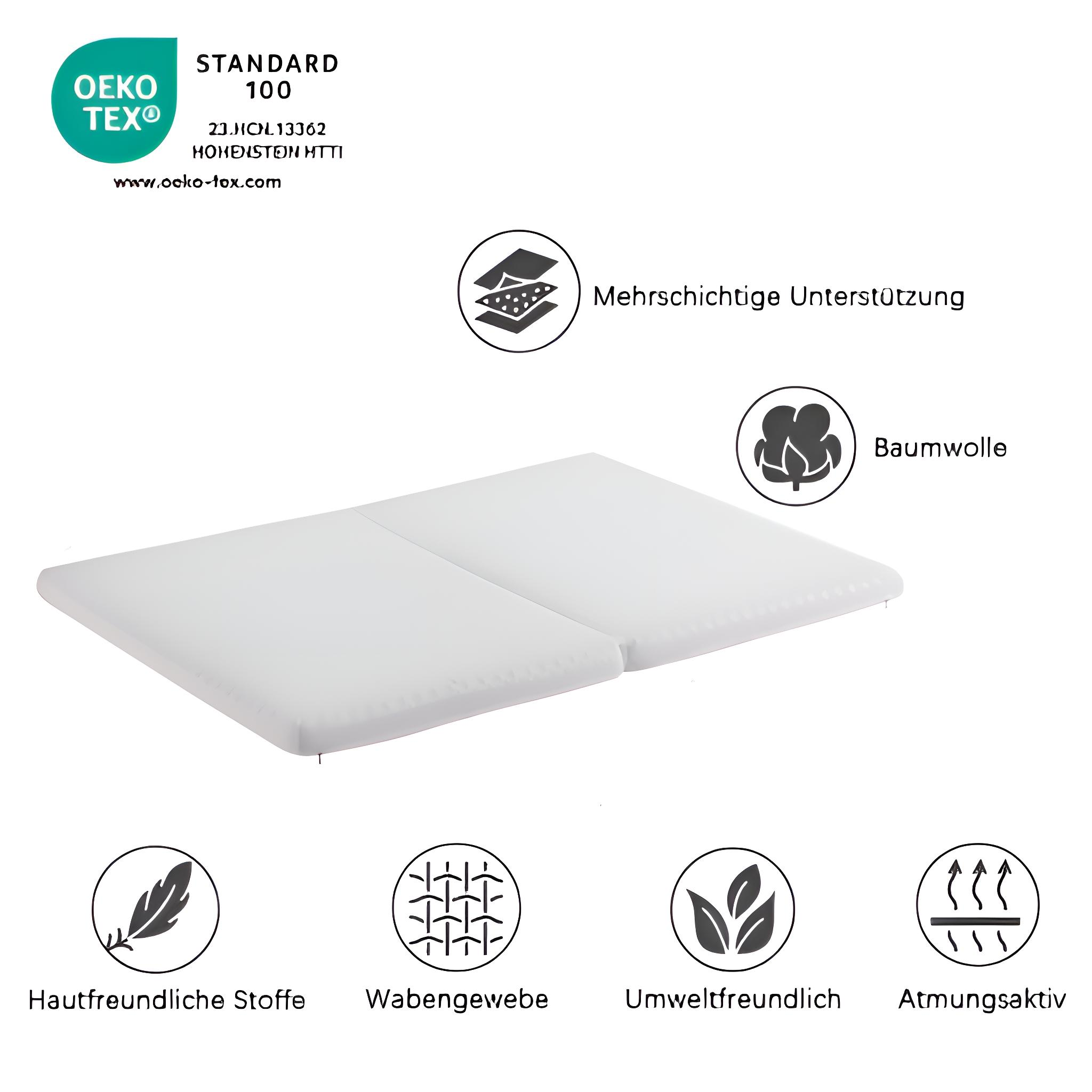 Weiße Matratze auf weißem Hintergrund mit Symbolen, die Eigenschaften und ein Logo anzeigen. Der Text enthält 'Standard 100' und 'OEKO-TEX'.