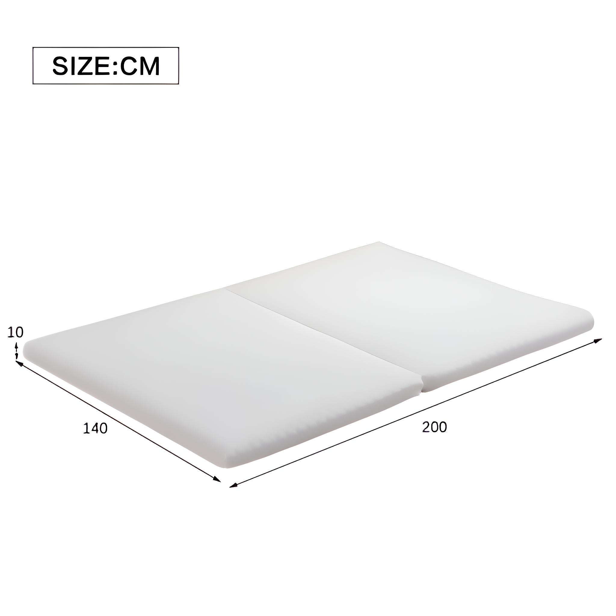 Weiße Matratze mit Größenangaben. Maße: 10x140x200 cm. Oben links, ein 'SIZE:CM' Etikett.