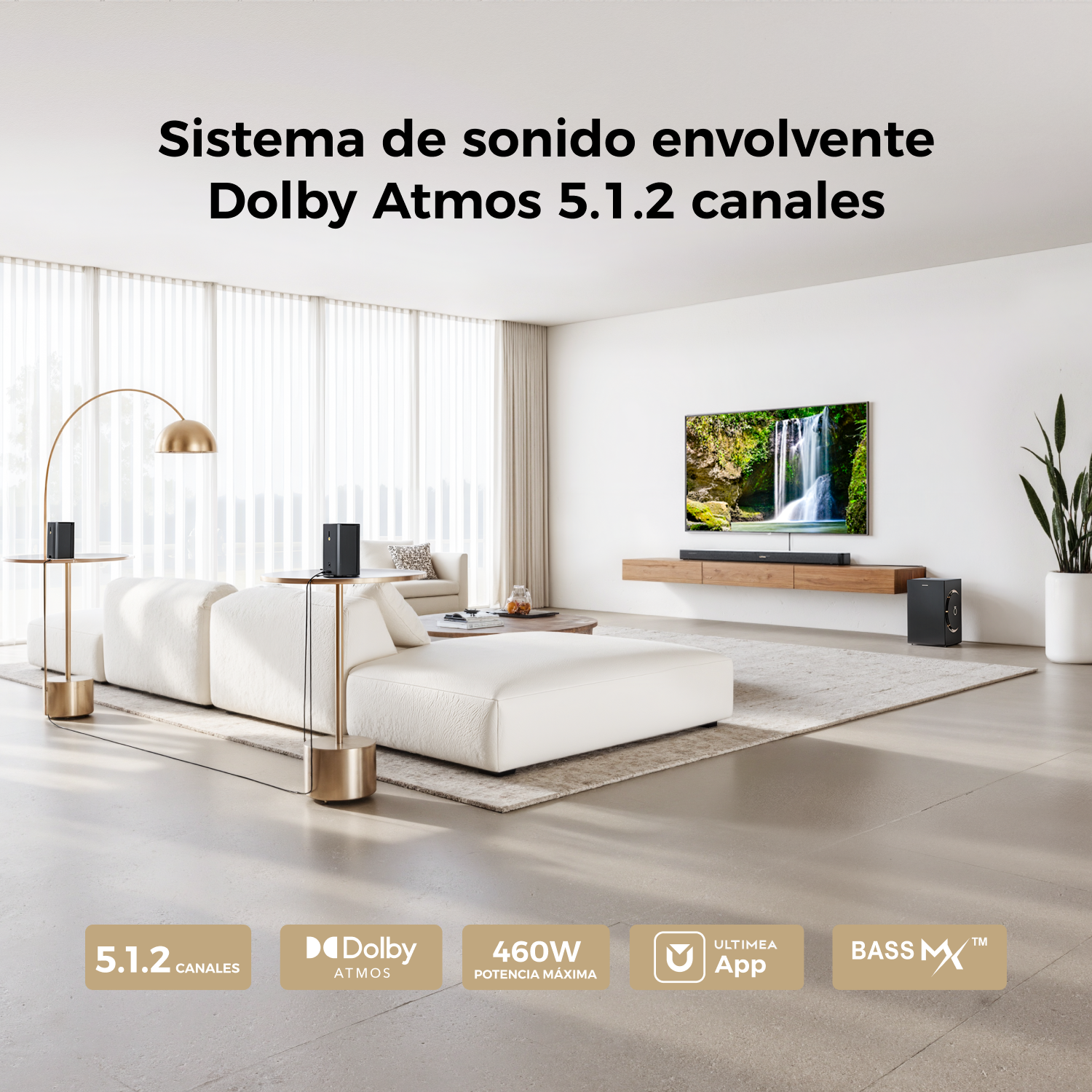 Salón con sofá blanco, TV y sistema de sonido. Texto: Dolby Atmos 5.1.2 canales. Logos de Dolby, Ultimea y Bass MX son visibles.