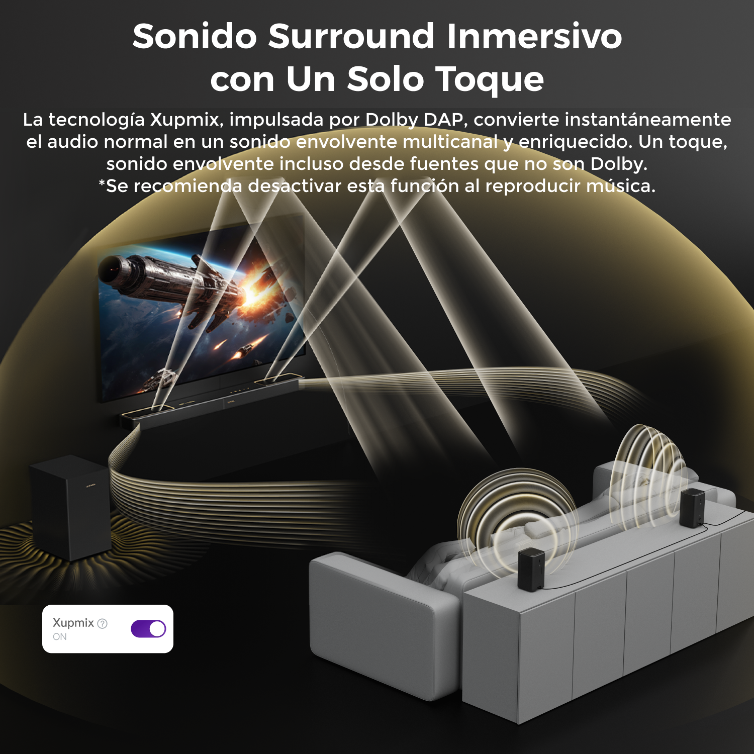 Una configuración de cine en casa muestra un televisor, una barra de sonido, un subwoofer y altavoces. Líneas gráficas muestran ondas sonoras. Xupmix está activado.