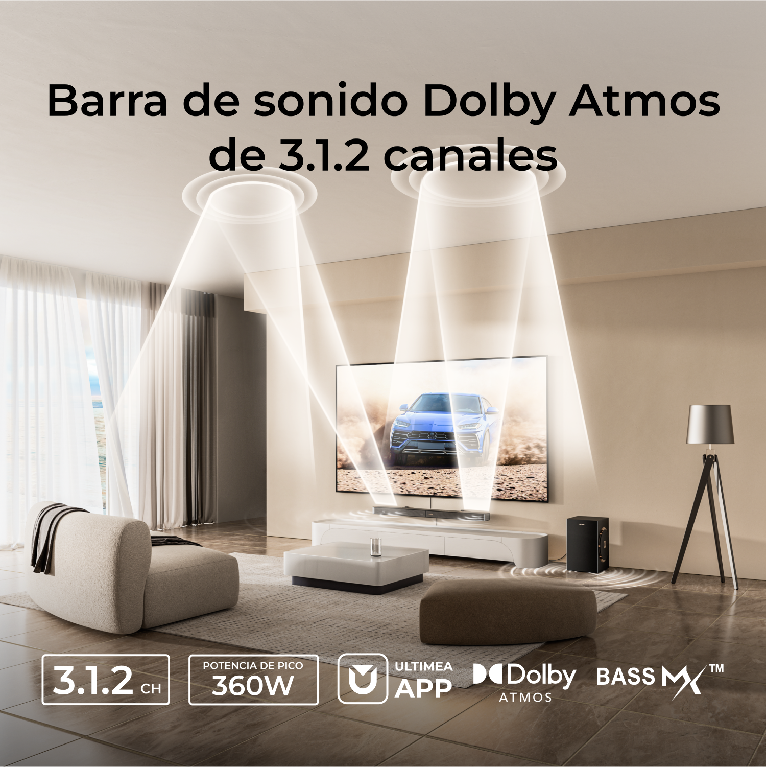 Escena de sala con TV, barra de sonido, sofá y lámpara de pie. El texto dice 'Dolby Atmos' y '3.1.2 canales'.