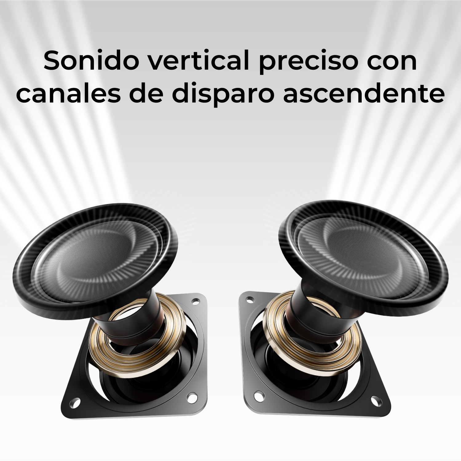 Dos altavoces negros con componentes internos dorados y negros sobre un fondo blanco degradado. Texto visible en la parte superior.
