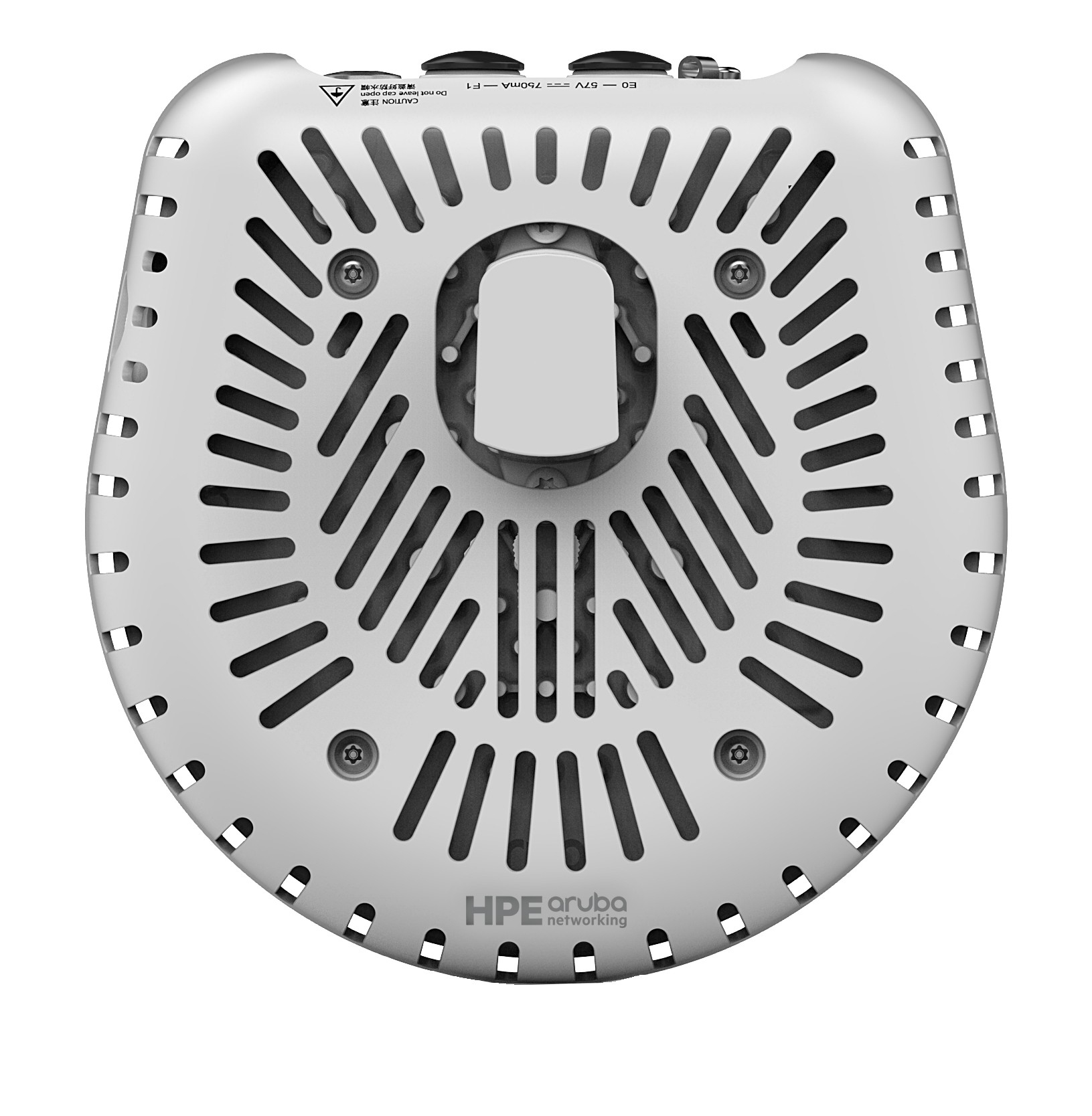 Weißes, kreisförmiges Gerät mit Lüftungsschlitzen, zentraler Öffnung und HPE Aruba Networking Logo.