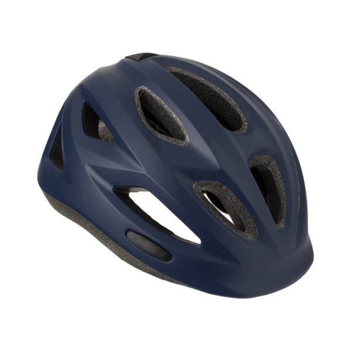 Ein marineblauer Fahrradhelm. Er hat Belüftungslöcher und eine graue Polsterung. Der Helm befindet sich auf weißem Hintergrund.