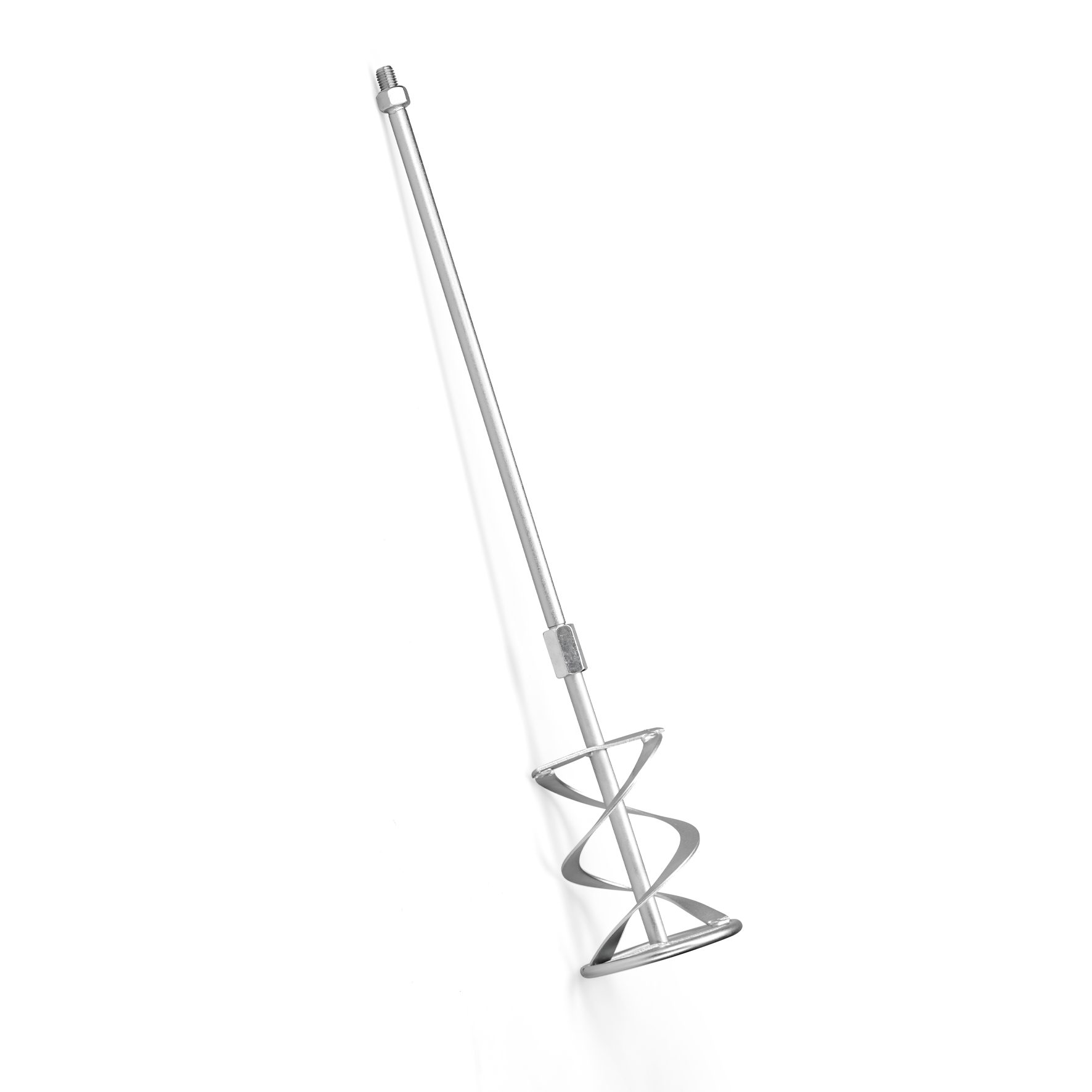 Ein Metallfarbmischer vor weißem Hintergrund. Er hat eine lange Stange mit einem spiralförmigen Mischkopf.