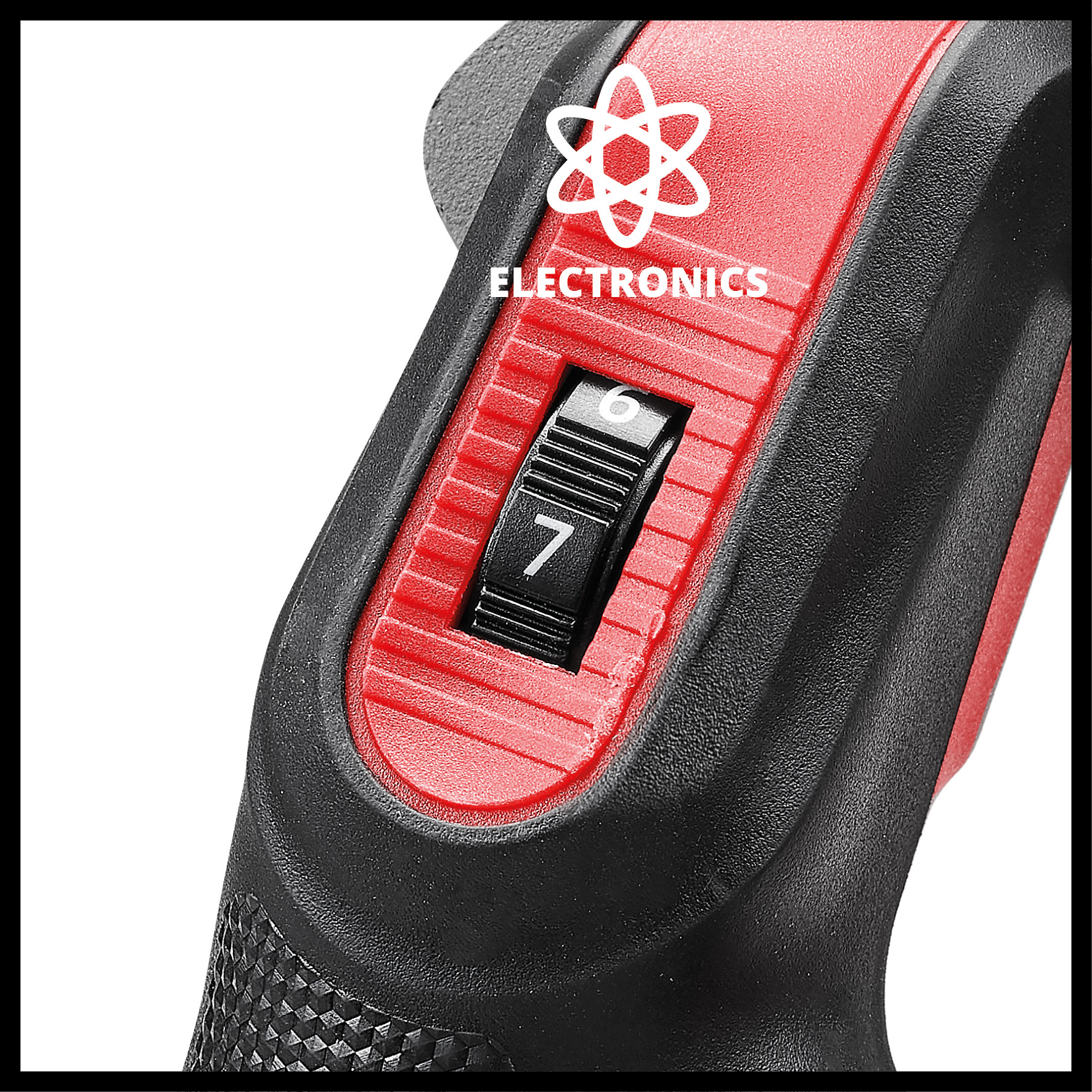 Nahaufnahme eines schwarz-roten elektronischen Geräts mit einer Skala, die die Zahl 7 anzeigt. Das Wort "ELECTRONICS" ist sichtbar.