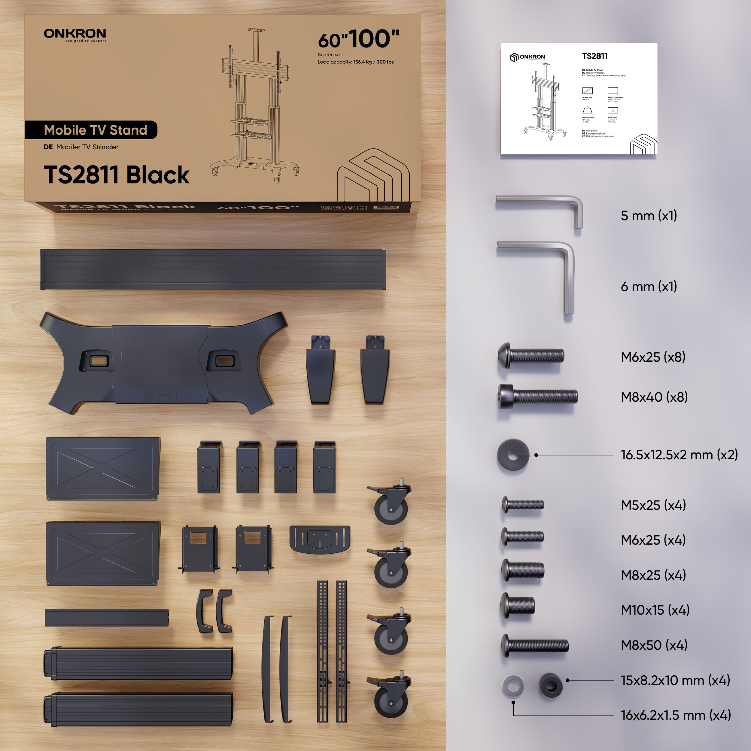 Ein schwarzes TV-Ständer-Kit mit verschiedenen Teilen, Schrauben und Werkzeugen, auf Holz gelegt.