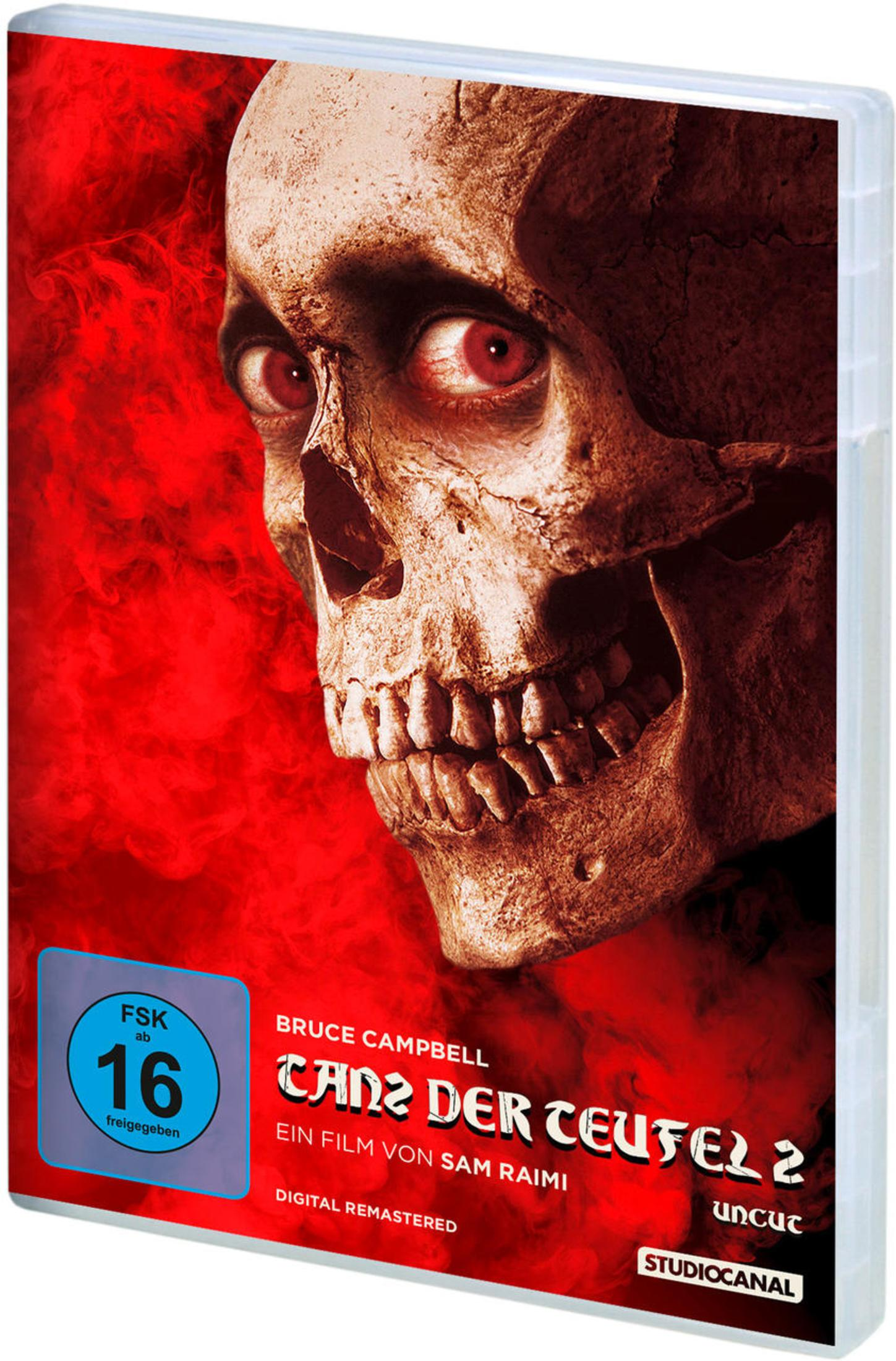 Jaquette DVD. Un crâne aux yeux rouges sur fond rouge. Le texte comprend "Tanz Der Teufel 2" et un symbole de classification.
