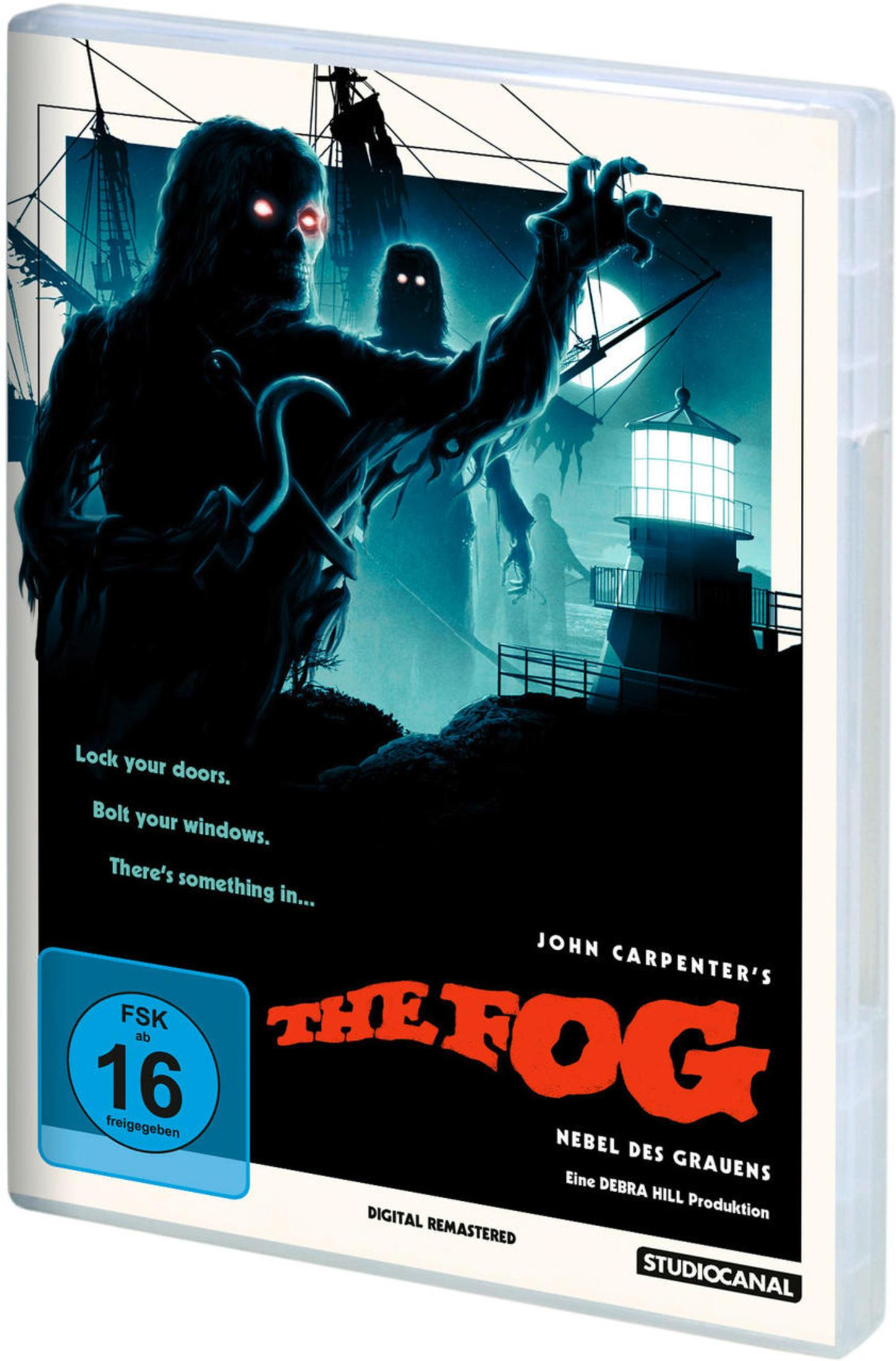 Couverture du film 'The Fog'. Silhouettes avec yeux brillants et un phare dans le brouillard sur fond bleu.