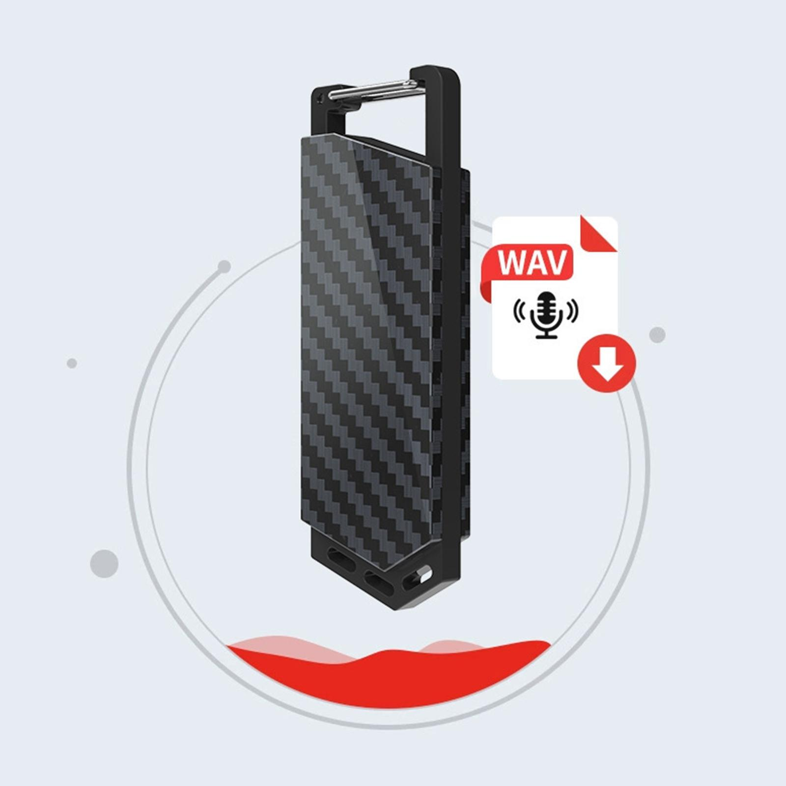Ein schwarzer USB-Audio-Recorder aus Kohlefaser mit einem Dateisymbol und einem Download-Pfeil auf weißem Hintergrund.