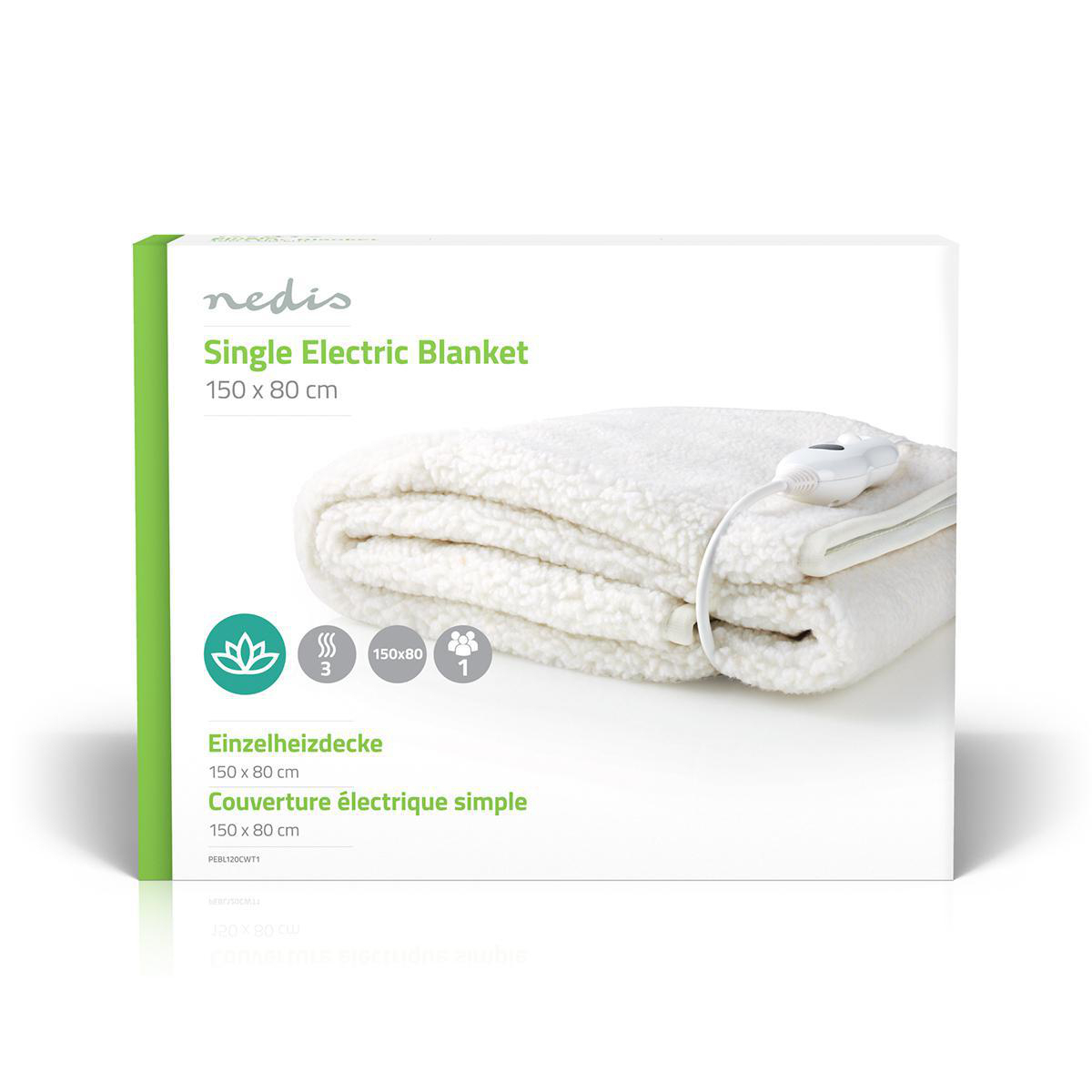 A white electric blanket is displayed on its packaging. The packaging includes the brand name, product name, and details.