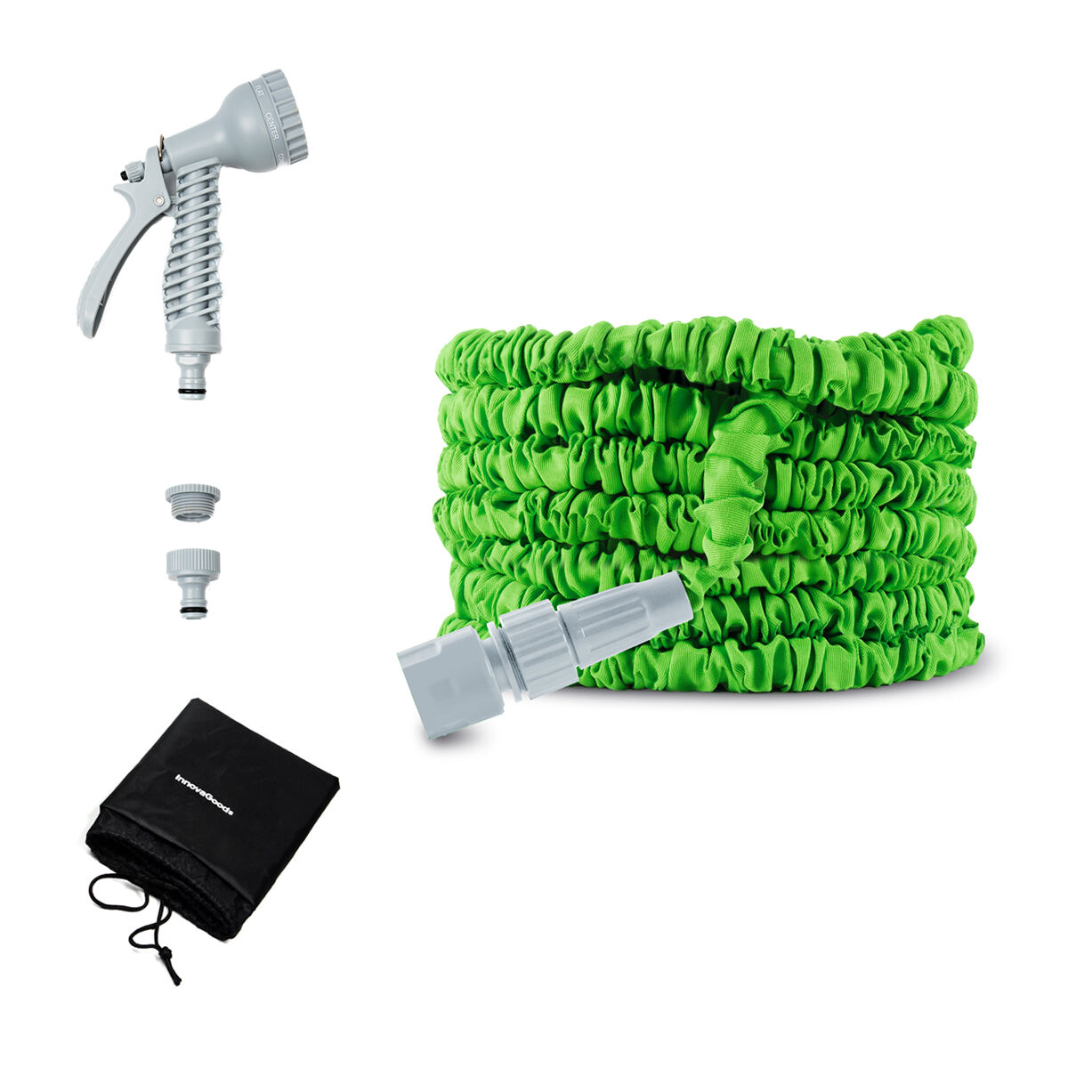 Ein Gartenschlauch-Set umfasst einen grünen Expandierschlauch, einen grauen Sprühkopf, Anschlüsse und eine schwarze Aufbewahrungstasche.