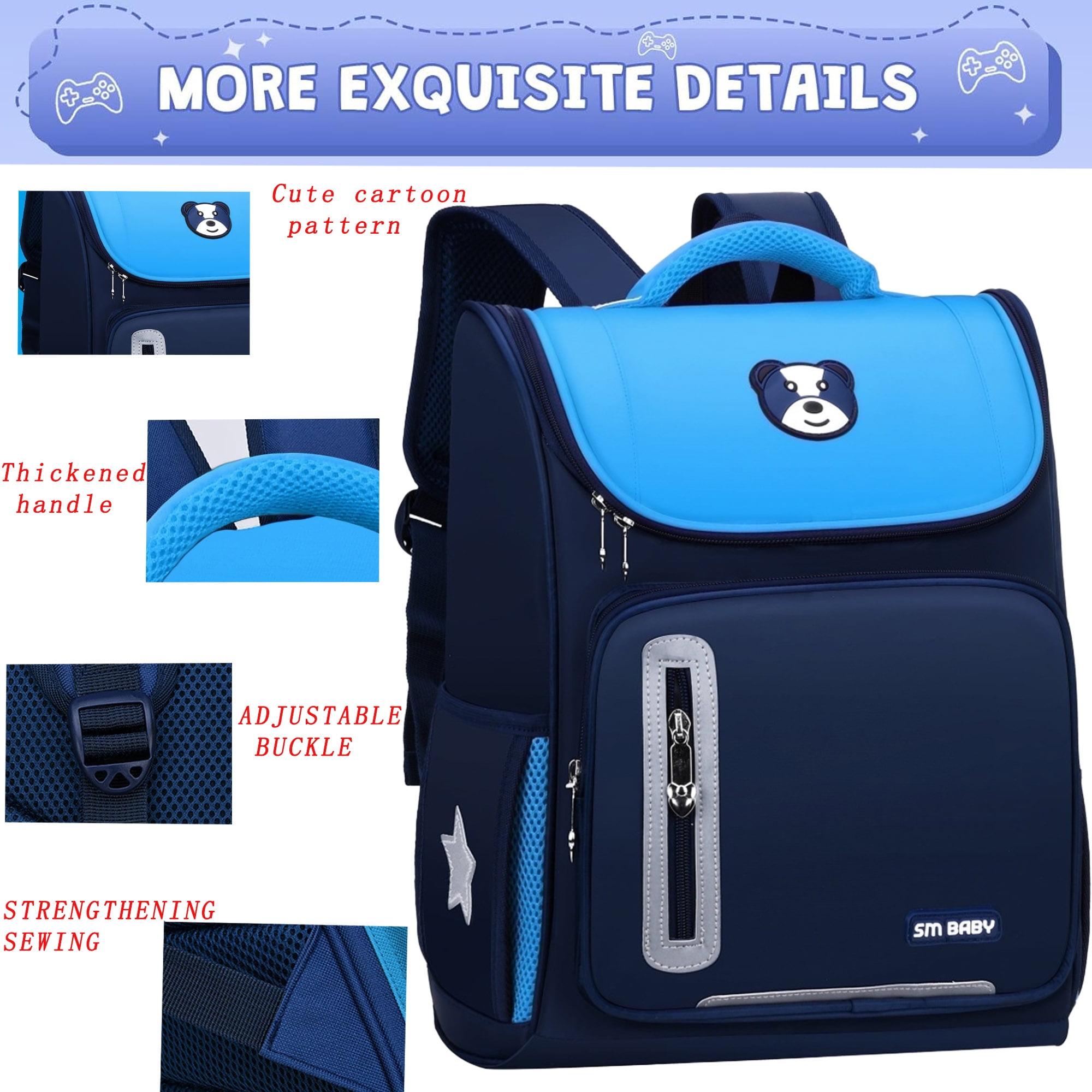 Marineblauer und hellblauer Rucksack mit Cartoon-Bär-Design, verstellbaren Schnallen und verstärkten Nähten. Verfügt über einen verdickten Griff.