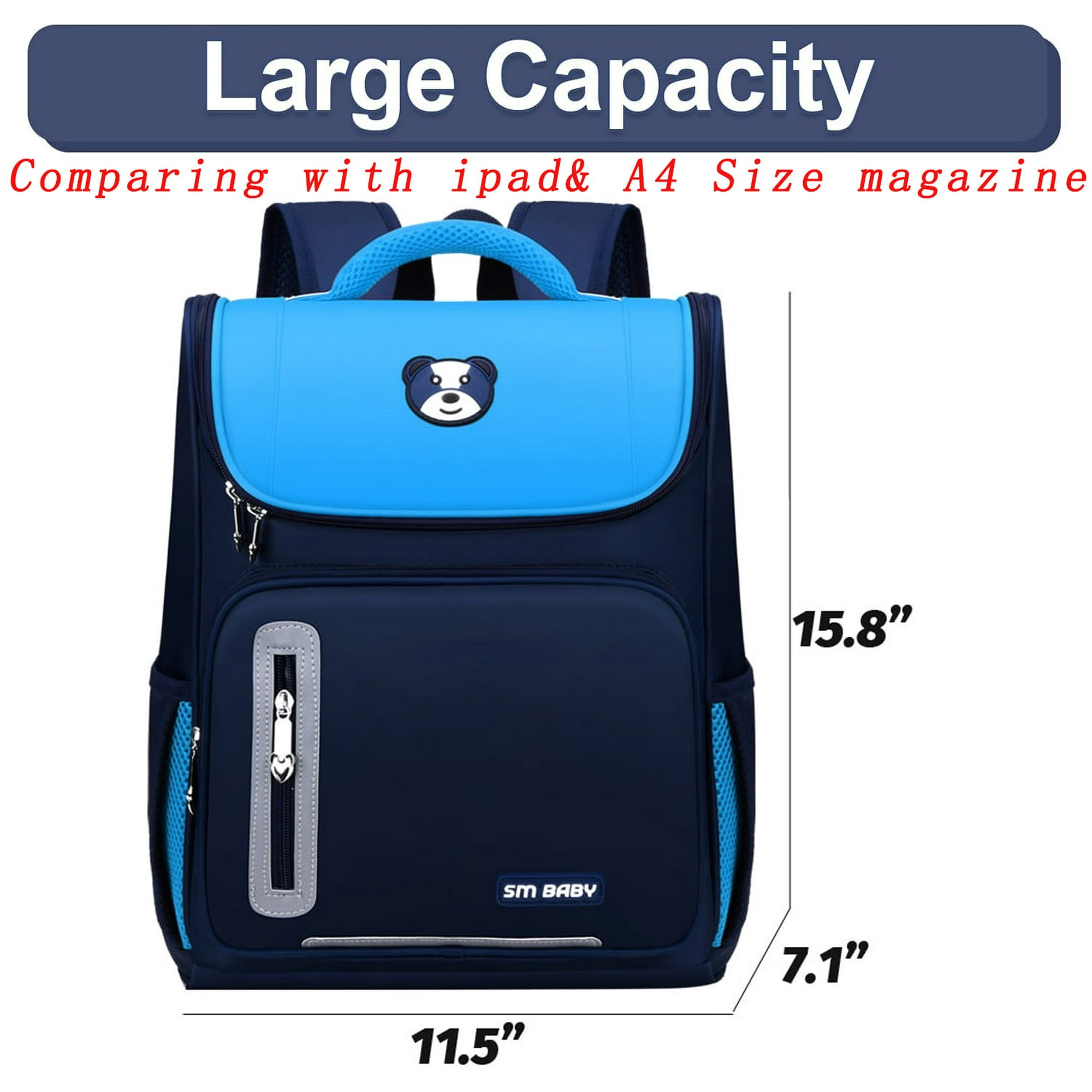 Ein blauer und marineblauer Rucksack mit angezeigten Abmessungen. Er hat ein Bärenlogo und der Text "Large Capacity" ist sichtbar.