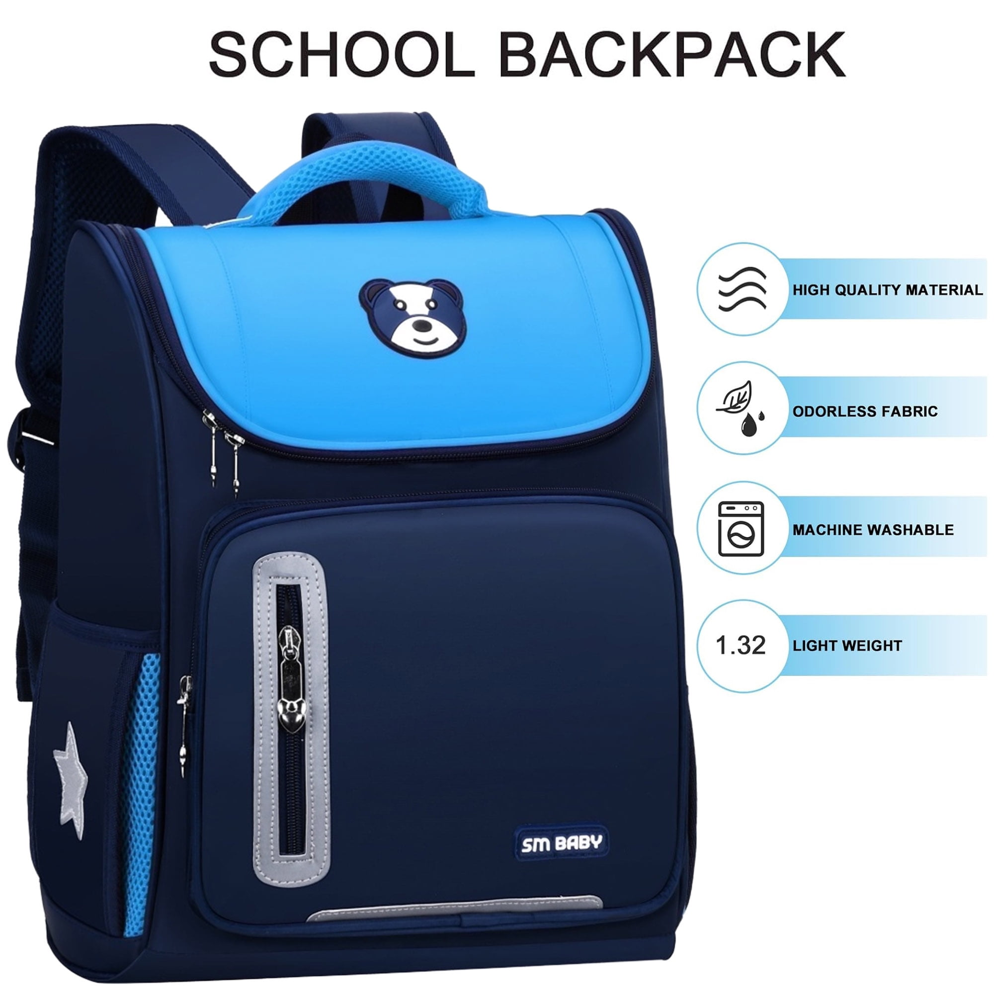 Ein blau-schwarzer Schulrucksack. Er hat einen Bären auf der Klappe, mehrere Taschen und den Text 'SCHOOL BACKPACK'.