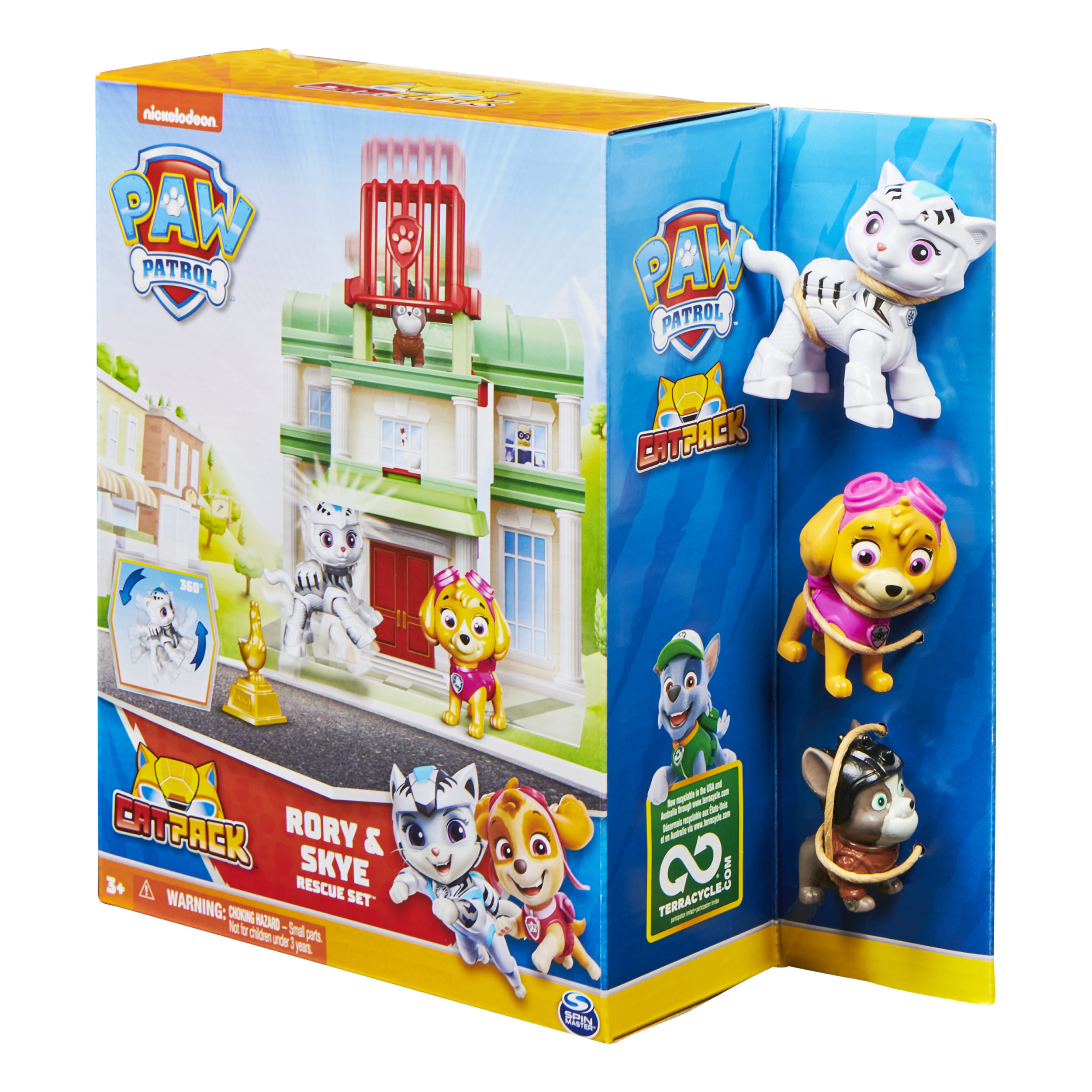 Eine Paw Patrol Cat Pack Rettungsset-Box. Sie enthält Spielfiguren von Katzen und Hunden, eine Gebäudefassade und das Paw Patrol Logo.