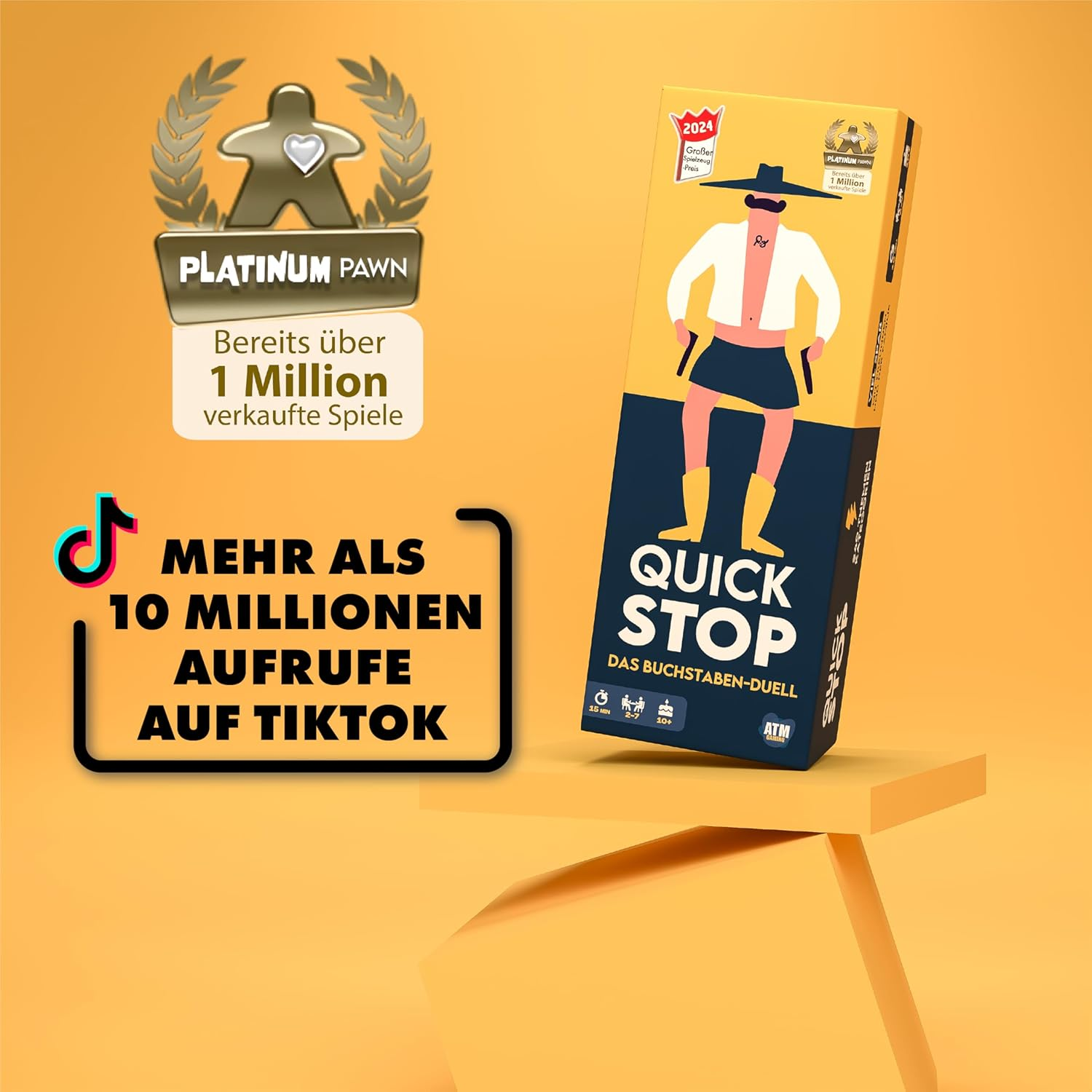 Une boîte de jeu nommée 'Quick Stop' avec un cow-boy de dessin animé. Comprend des prix et du texte sur les vues TikTok et les ventes.