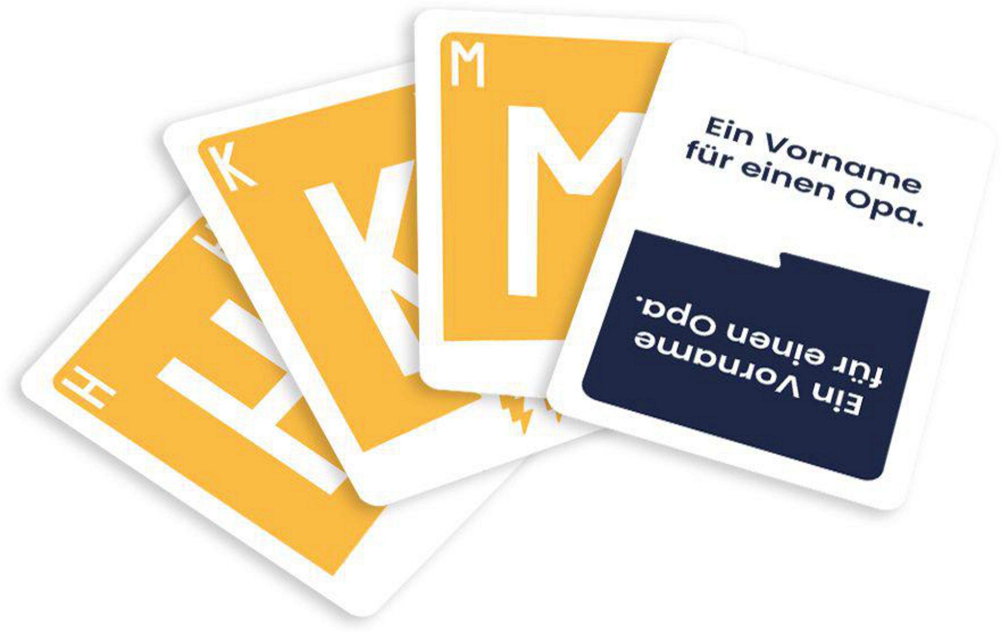 Les cartes sont empilées. Cartes jaunes avec lettres blanches H, K, M. Une carte a du texte en allemand. Fond blanc.