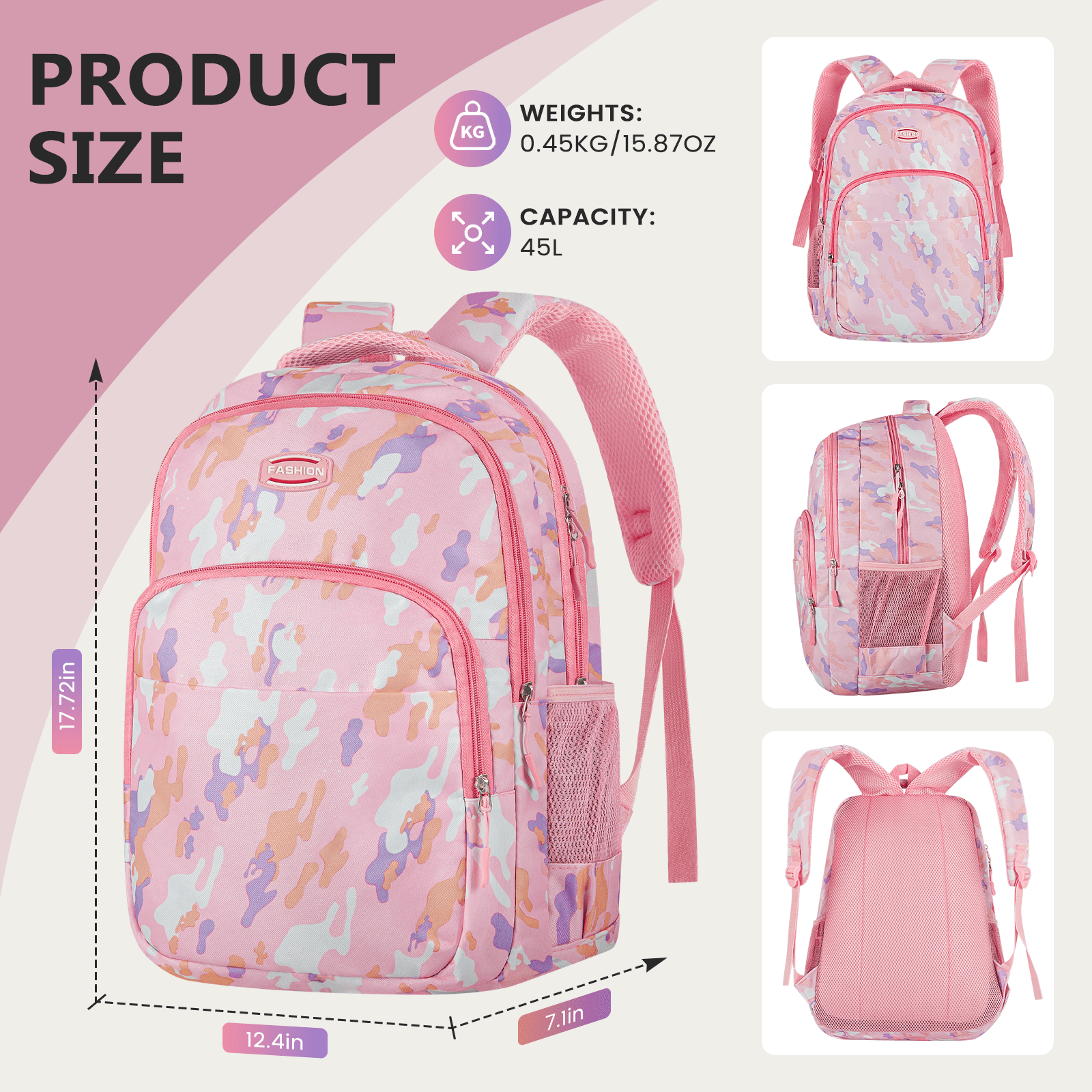 Rosa Rucksack mit Camouflage-Muster, misst 17,72 Zoll x 12,4 Zoll x 7,1 Zoll. Merkmale sind Seitentaschen und ein Fassungsvermögen von 45 l.