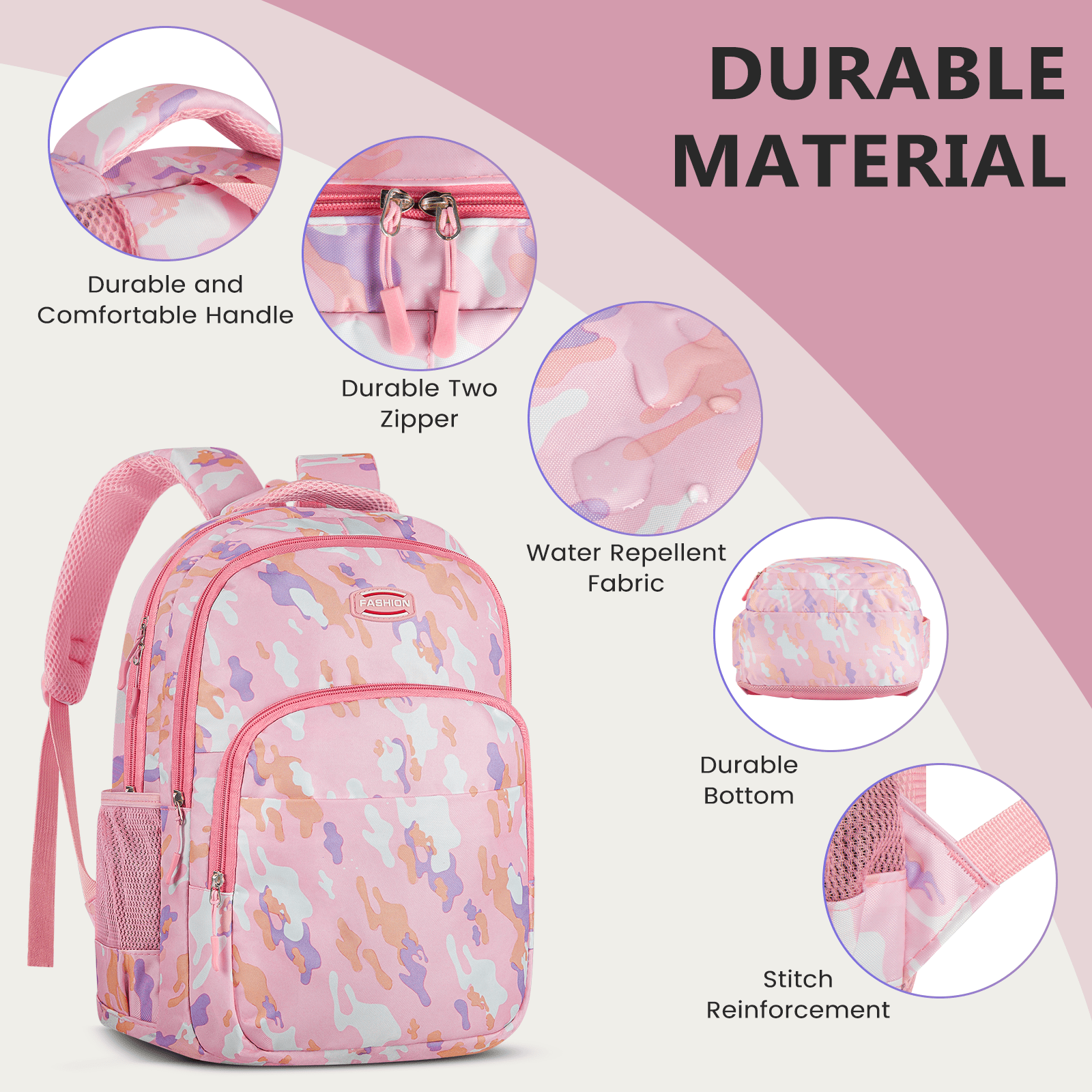 Rosa Rucksack mit Camouflagemuster, Details umfassen einen Griff, Reißverschlüsse, wasserabweisendes Gewebe und verstärkte Nähte, beschriftet 'Durable Material'.