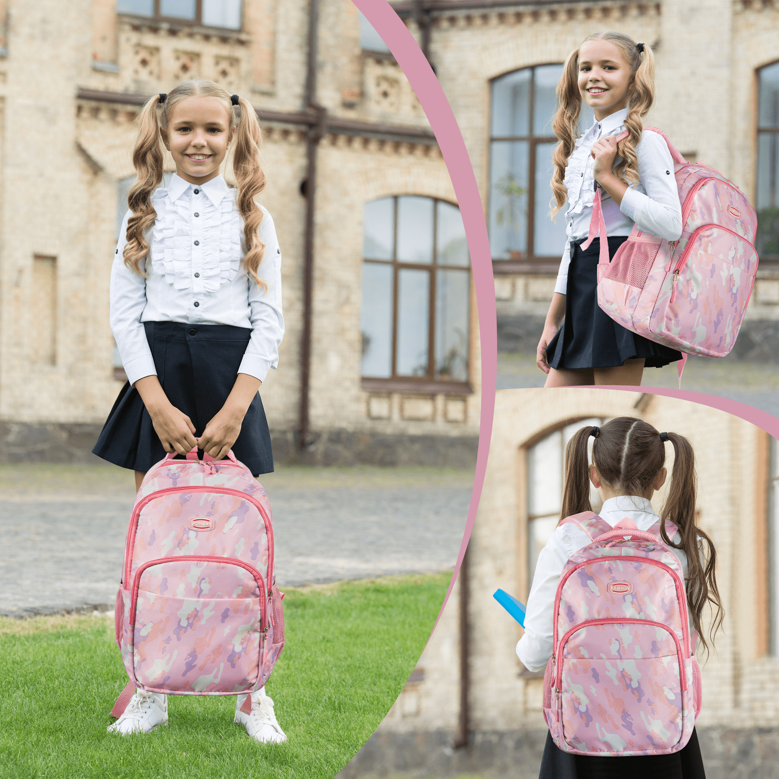 Mädchen in Uniform mit Zöpfen, lächelnd, hält einen rosa Rucksack. Hintergrund ist ein Schulgebäude und grünes Gras.