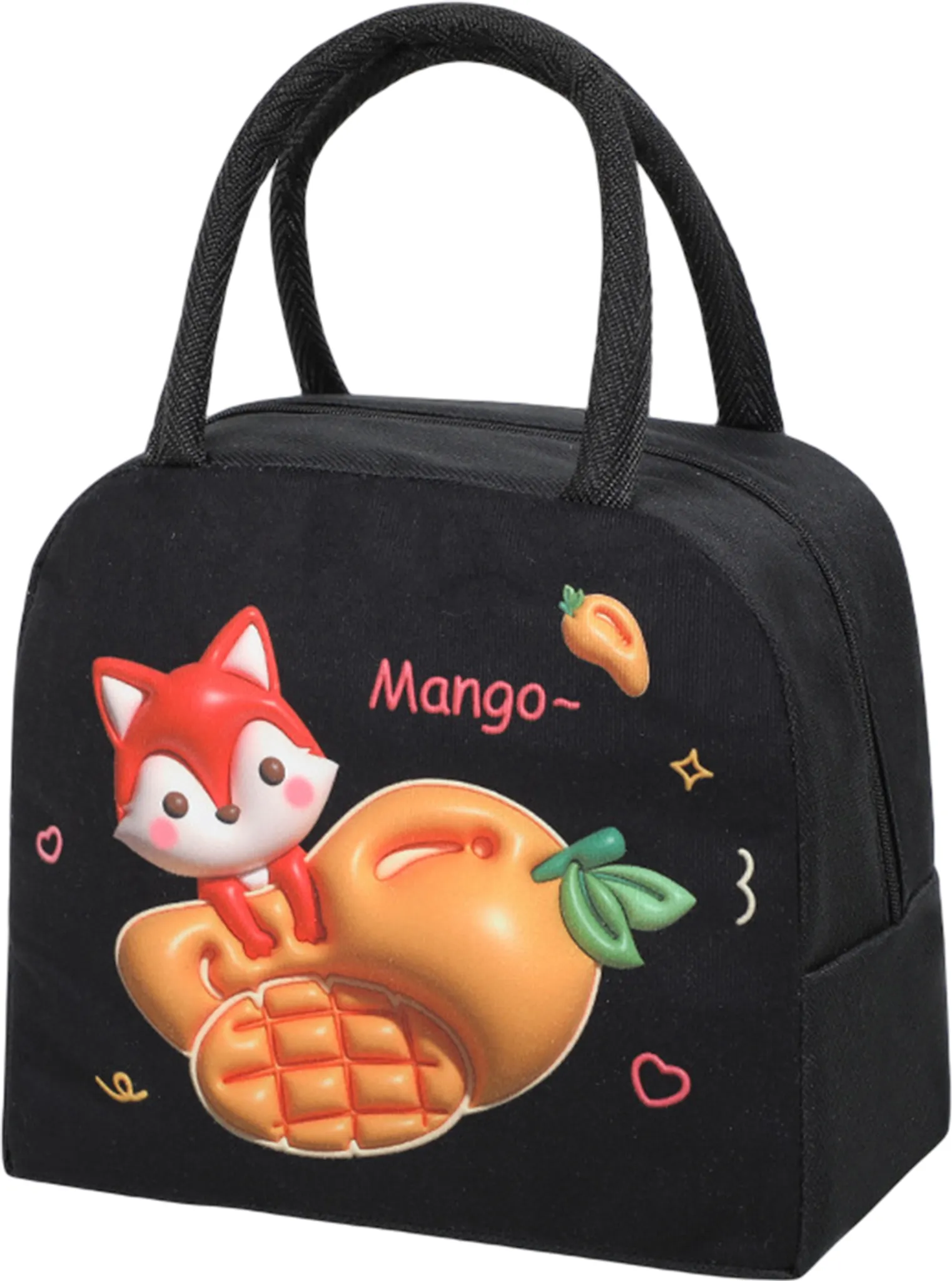Schwarze Lunch-Tasche mit einer Fuchsgrafik. Sie hat ein Mango-Design und einen Griff. Die Tasche hat einen Reißverschluss und ein niedliches Design.