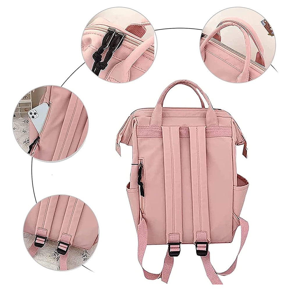 Ein pinkfarbener Rucksack mit mehreren Fächern und Riemen wird gezeigt. Detaillierte Ansichten zeigen den Reißverschluss, den Griff, die Riemen und ein Telefon in einer Tasche.