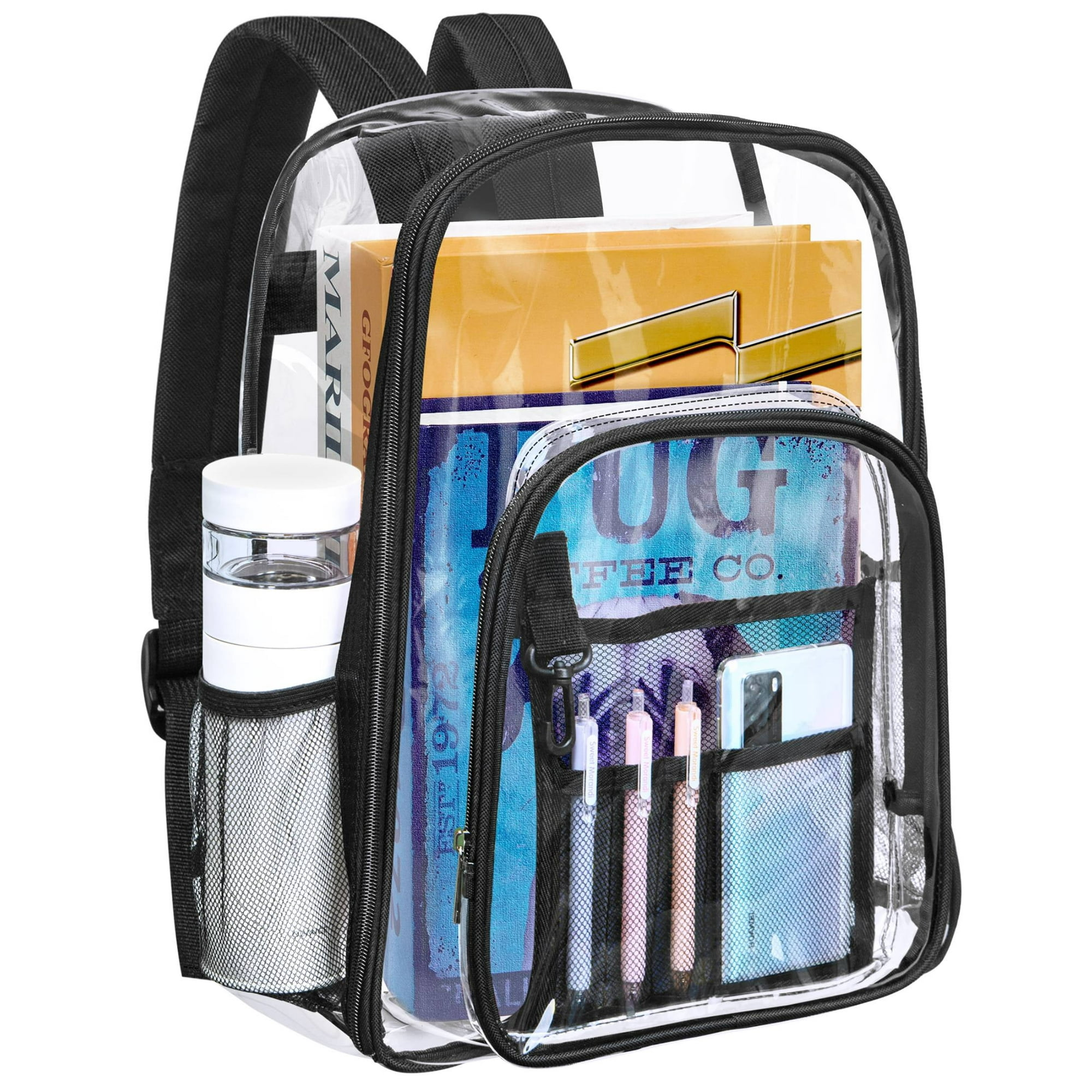 Transparenter Rucksack mit schwarzem Rand. Im Inneren sind Bücher, eine Wasserflasche und Stifte zu sehen. Merkmale sind Netztaschen und eine Vordertasche.