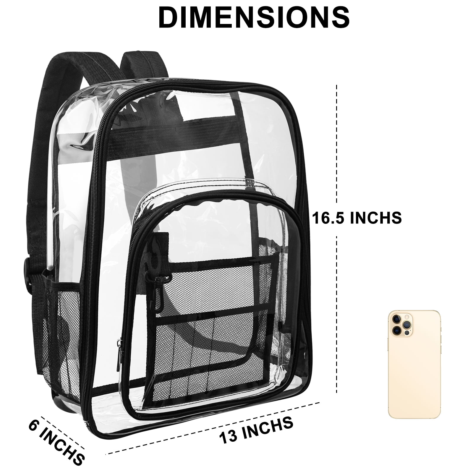 Transparenter Rucksack mit schwarzem Besatz, Maße angegeben. Ein Smartphone daneben zum Größenvergleich.