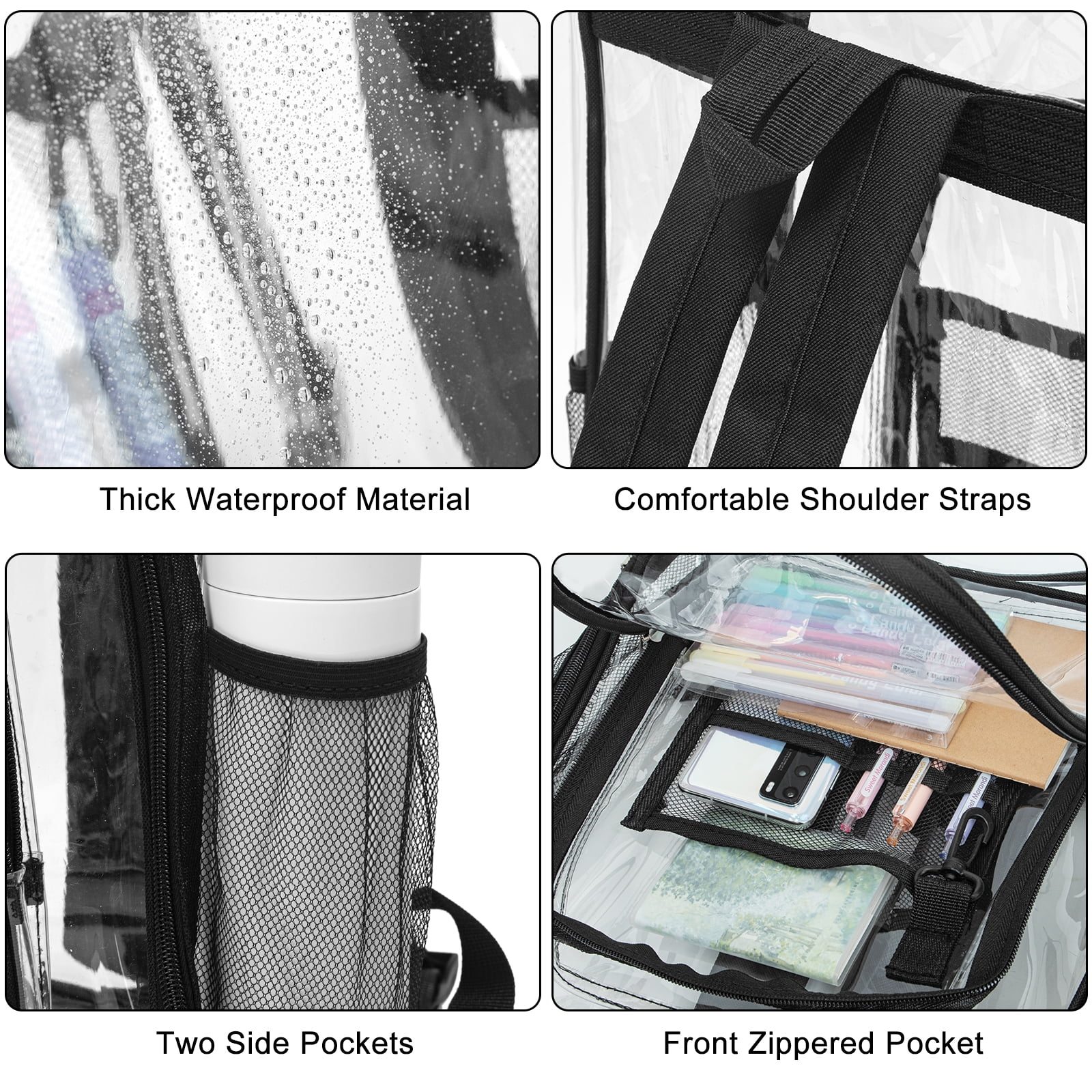 Transparenter Rucksack mit wasserdichtem Material, schwarzen Trägern, Seitentaschen und einer Reißverschluss-Vordertasche. Enthält Stifte und Telefon.