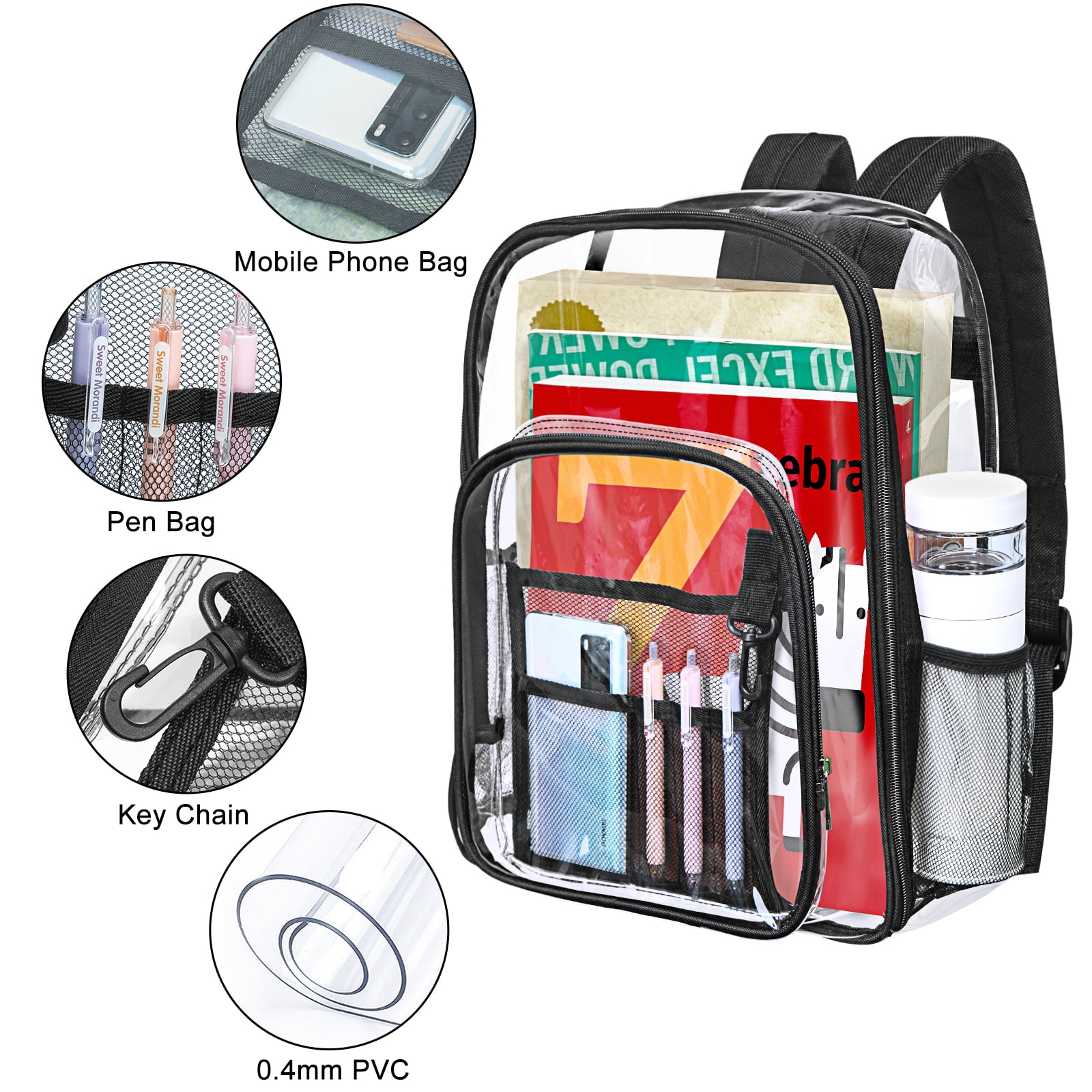 Transparenter Rucksack mit schwarzem Besatz, der Bücher, Stifte und ein Telefon enthält. Er hat mehrere Fächer und besteht aus klarem PVC.