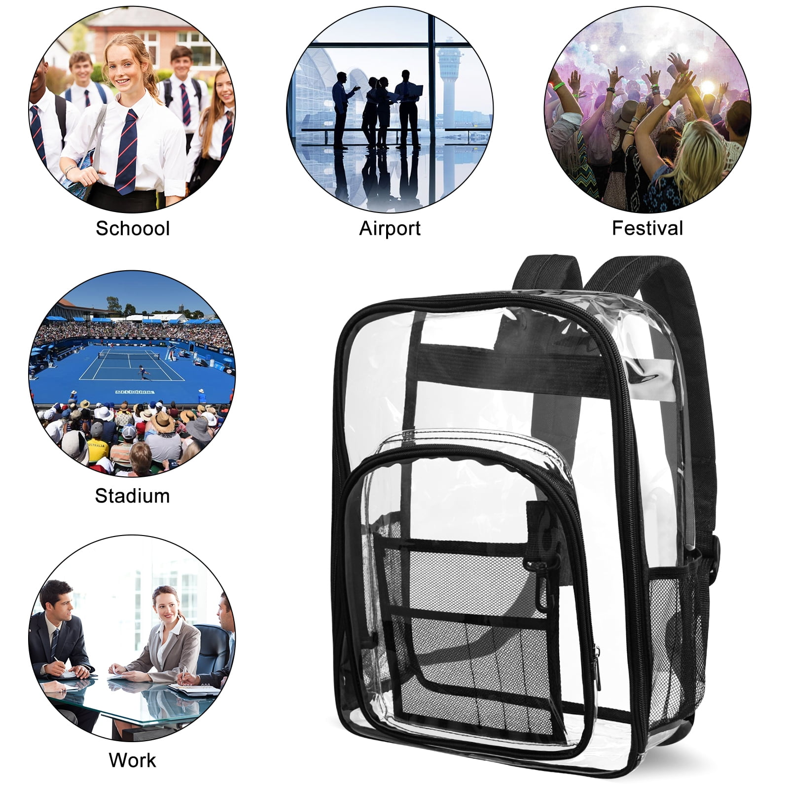 Ein klarer Rucksack mit schwarzen Zierleisten und Netztaschen. Kreisförmige Bilder zeigen Schul-, Flughafen-, Festival-, Stadion- und Arbeitsszenen.