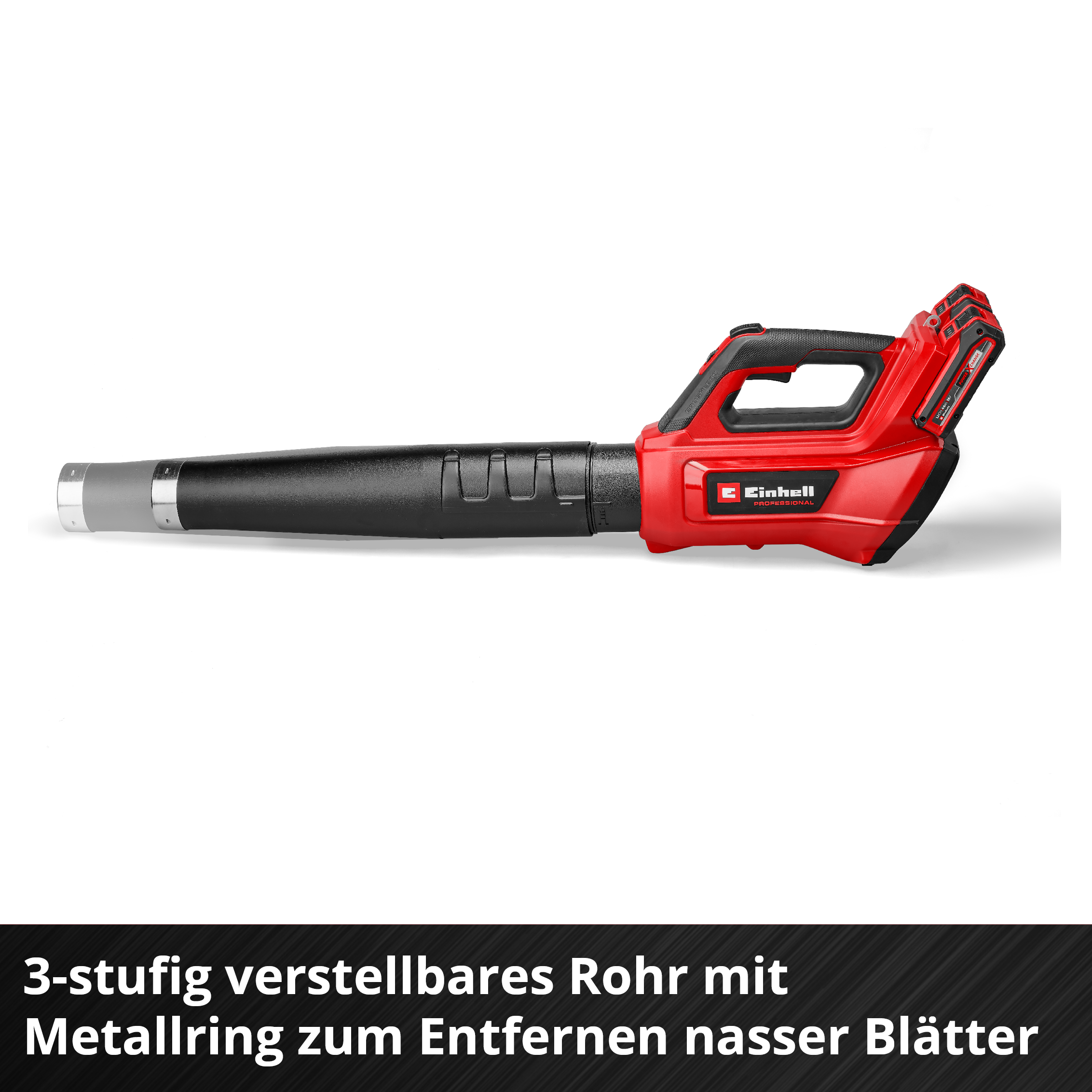 Souffleur de feuilles Einhell rouge et noir sur fond blanc. Il a une longue buse et une poignée.