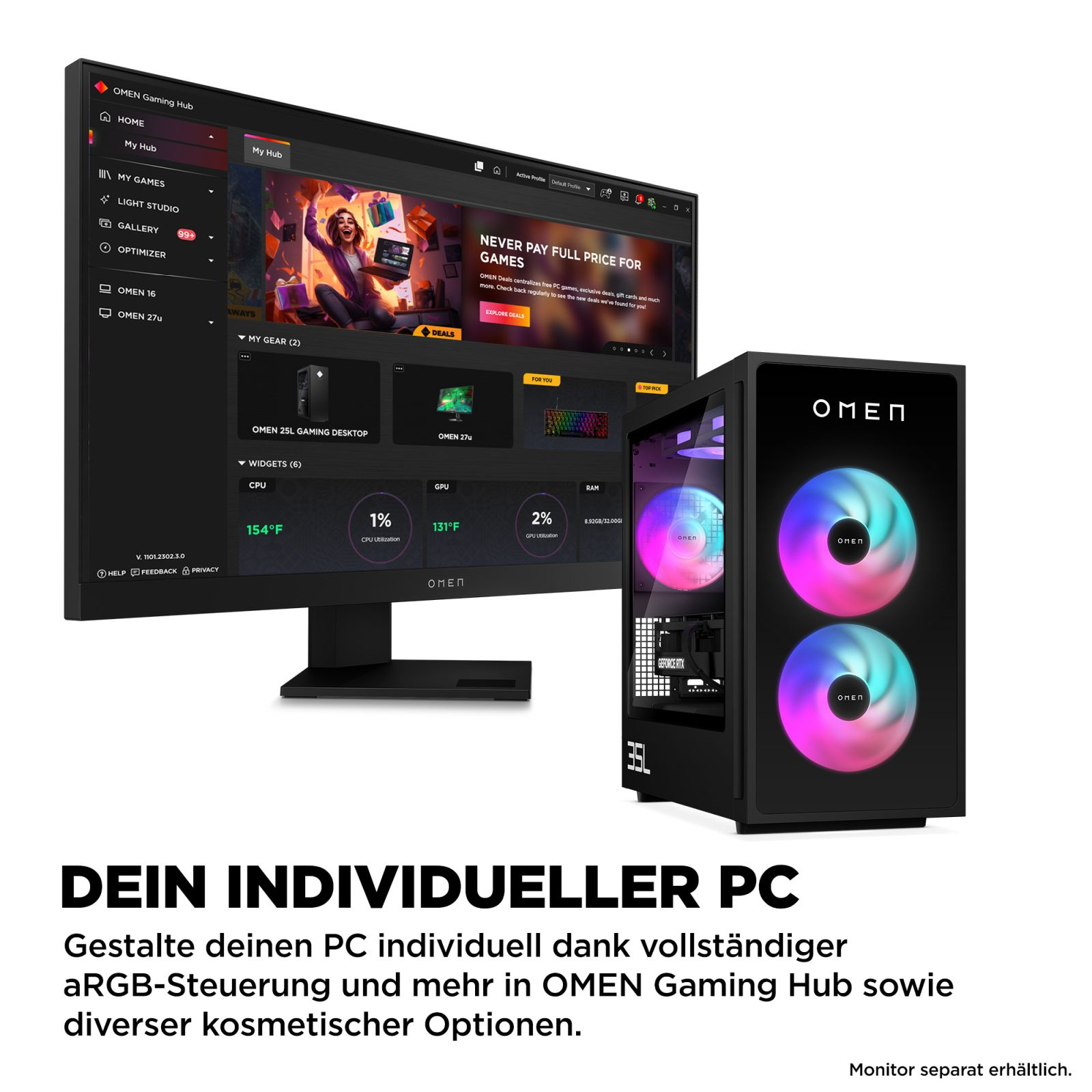 Czarny komputer do gier z wentylatorami RGB obok monitora z interfejsem OMEN Gaming Hub.