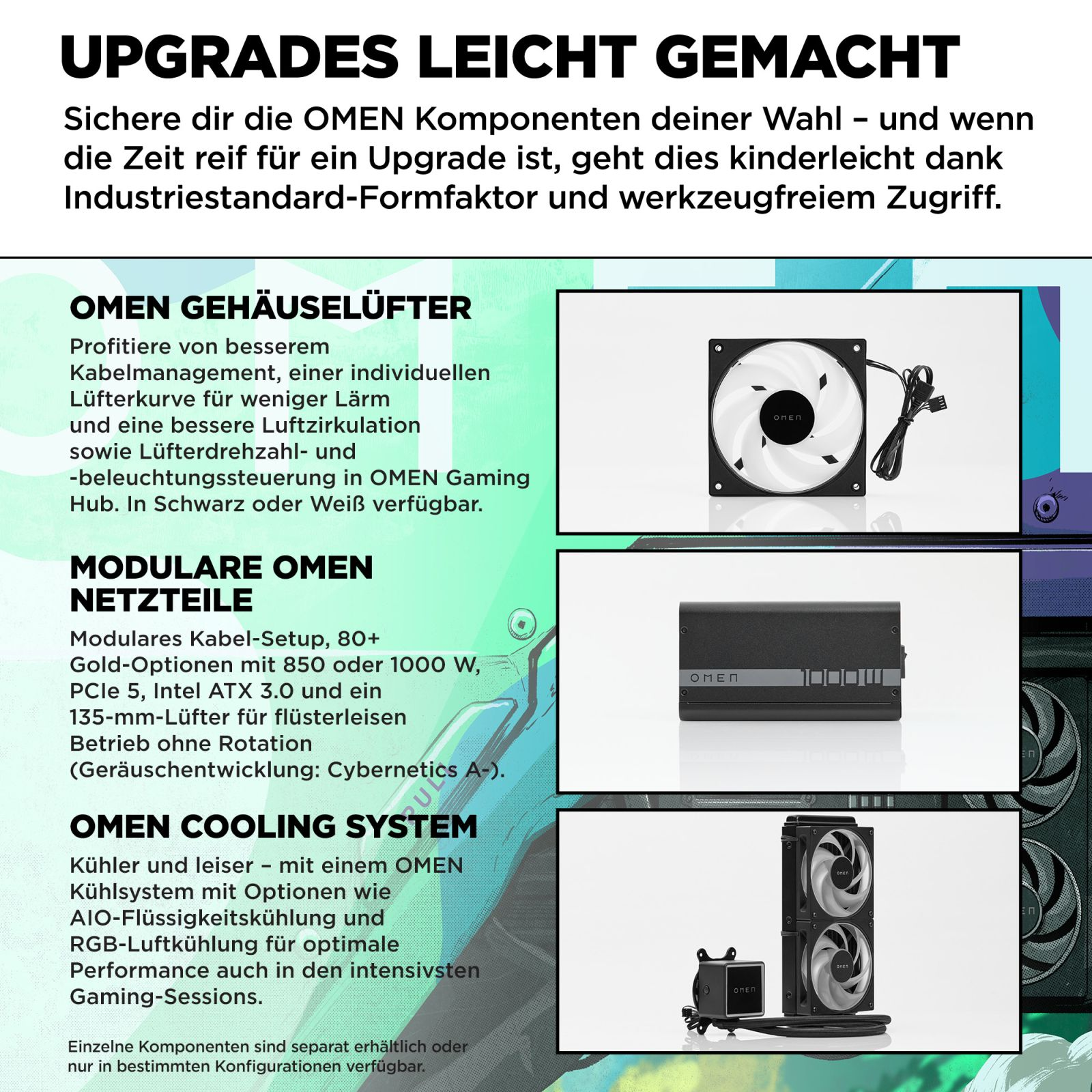 Reklama z komponentami OMEN. Zawiera wentylator, zasilacz i system chłodzenia cieczą z opisami.