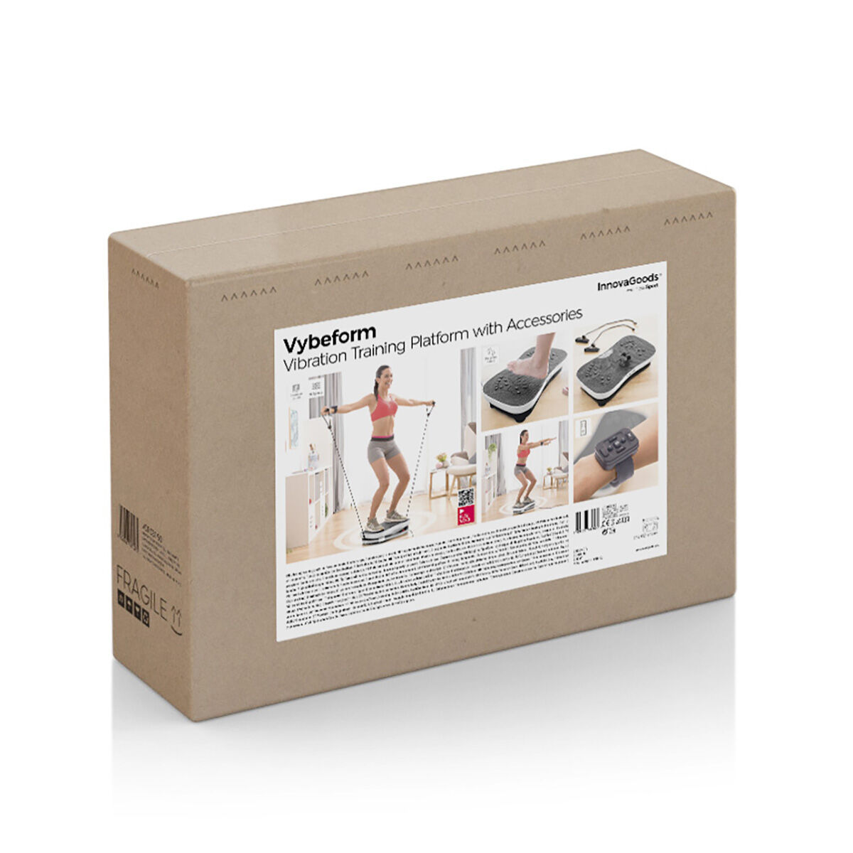 Une boîte en carton avec une étiquette montrant une femme utilisant une plateforme d'entraînement par vibration.