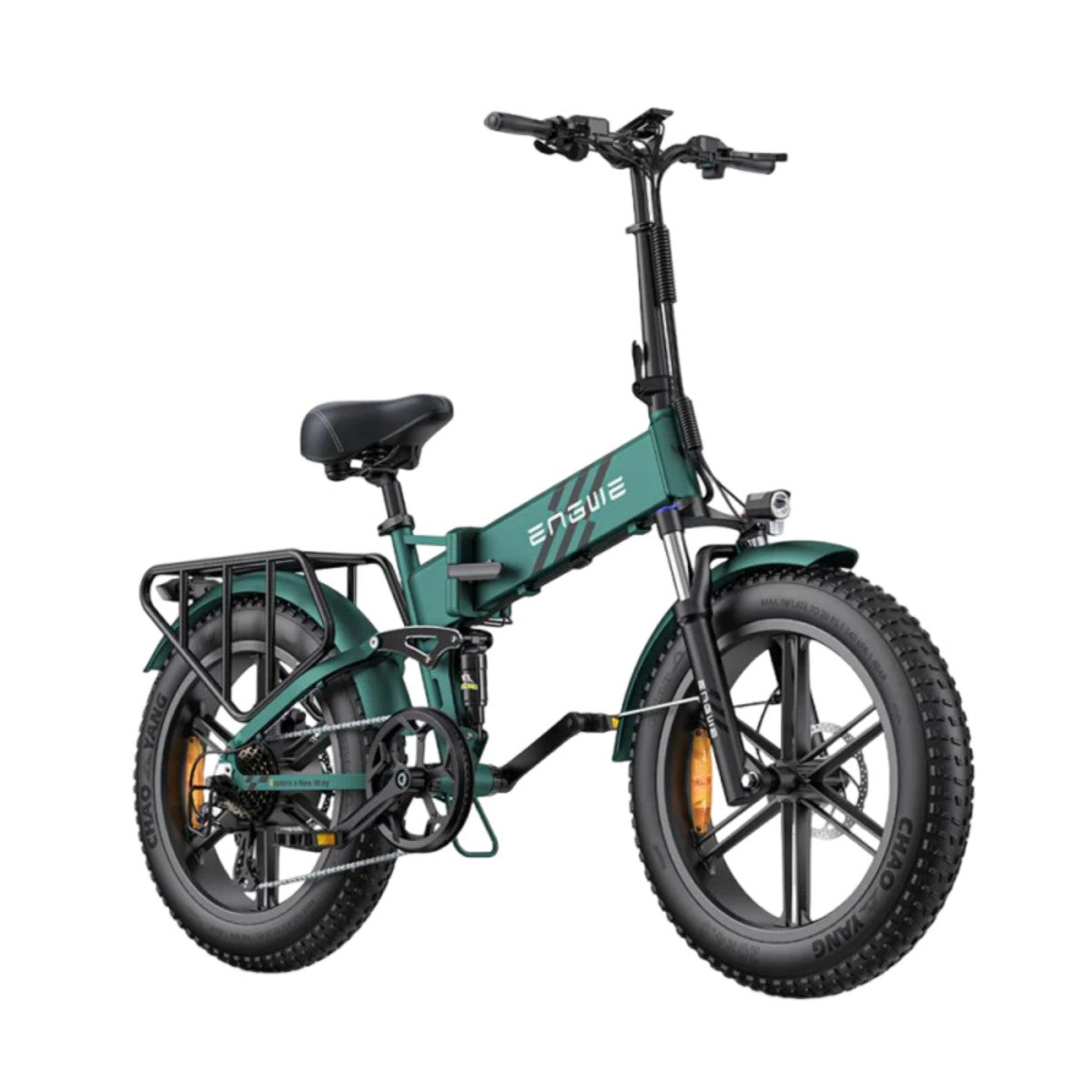 Una bici elettrica pieghevole verde con pneumatici e telaio neri. Il marchio "ENGWE" è visibile sul telaio. Lo sfondo è bianco.