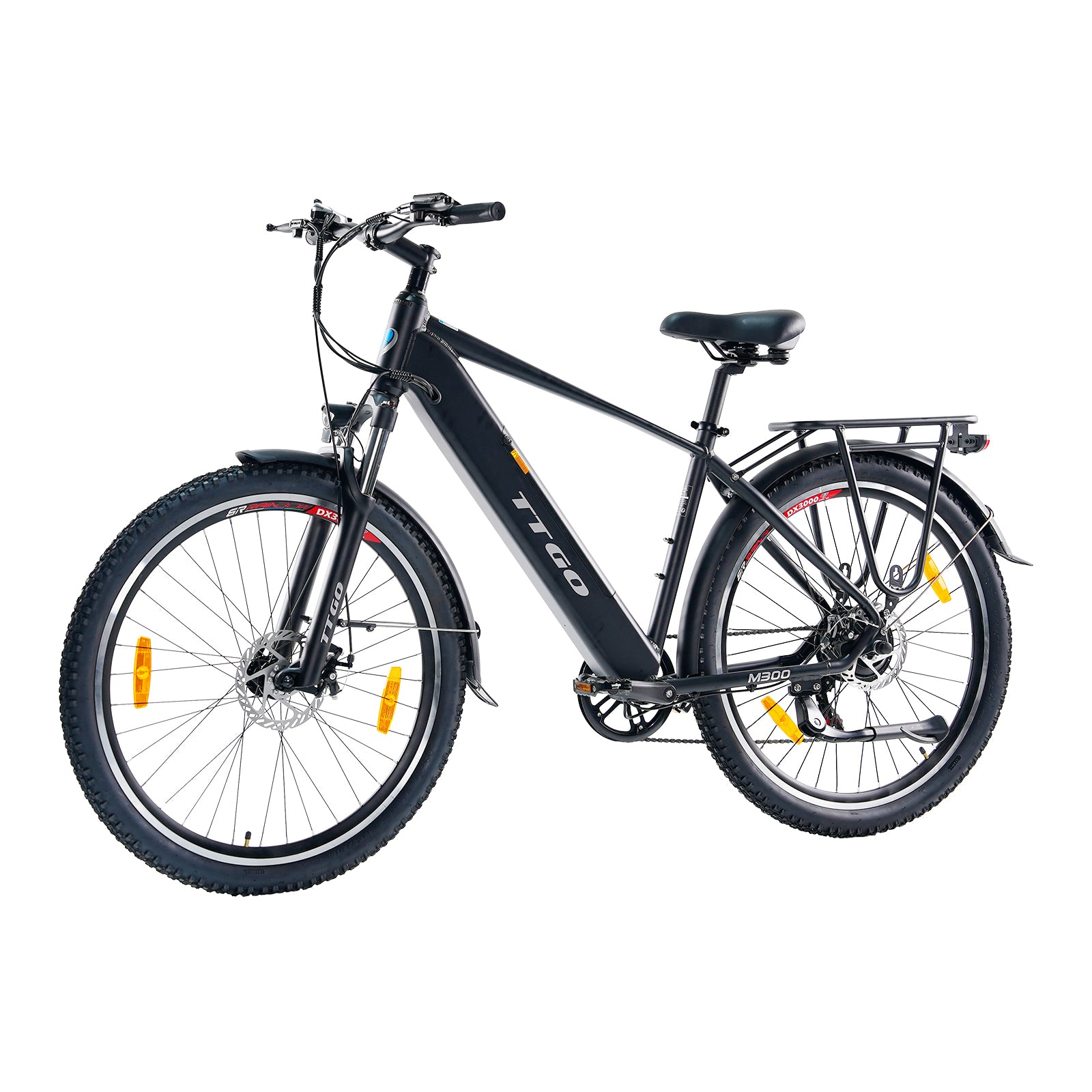 Schwarzes Elektrofahrrad mit breiten Reifen, Schutzblechen und einem Gepäckträger. Der Markenname "TTGO" ist sichtbar.