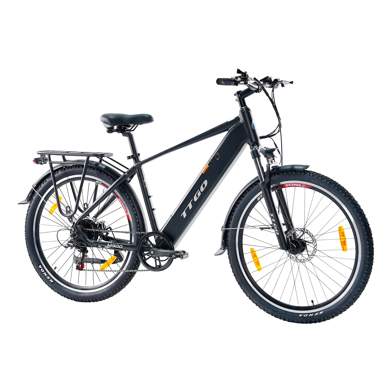 Schwarzes TTGO-Elektrofahrrad vor weißem Hintergrund. Es hat breite Reifen, einen Sitz und einen Gepäckträger. Das TTGO-Logo ist sichtbar.