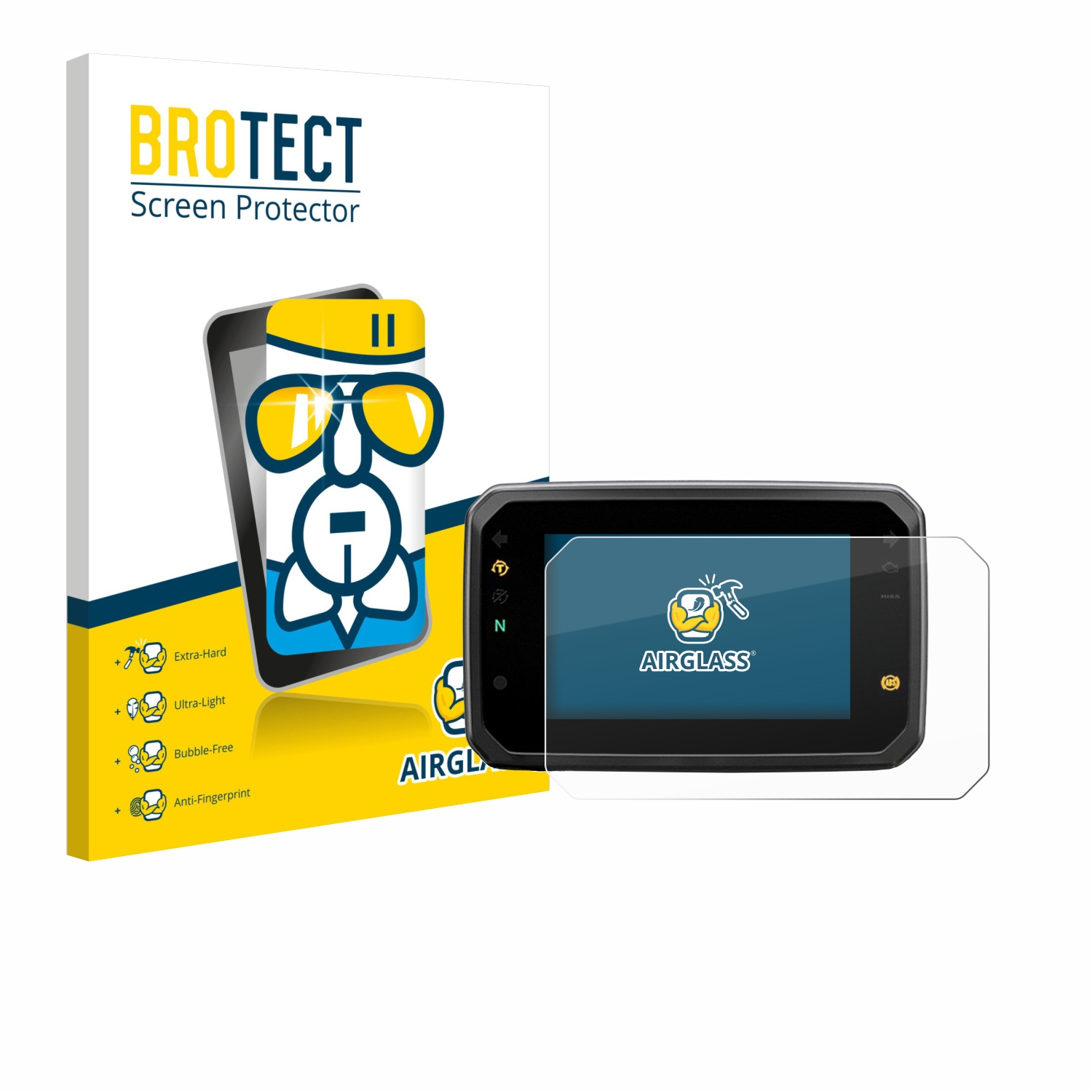 Schachtel mit Displayschutzfolie, Gerät und Schutzfolien-Overlay. Eigenschaften: extrahart, ultraleicht, blasenfrei und Anti-Fingerprint.