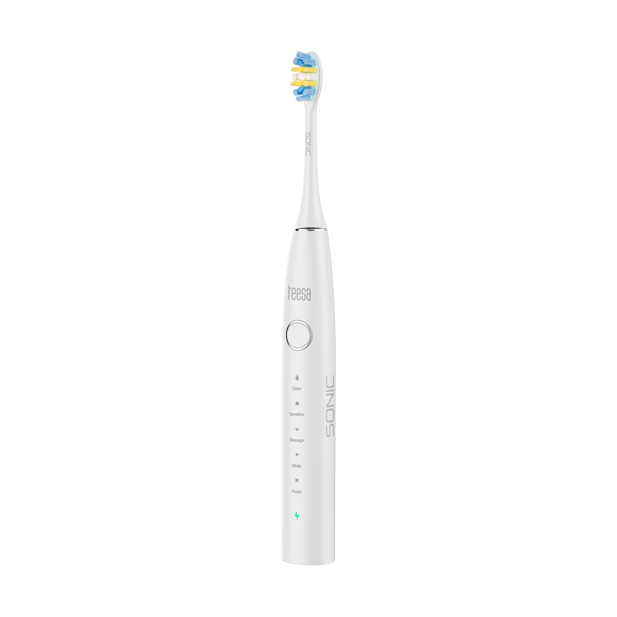 Biała elektryczna szczoteczka do zębów. Główka ma niebieskie, żółte i białe włosie. Uchwyt ma przycisk i wskaźniki trybu.