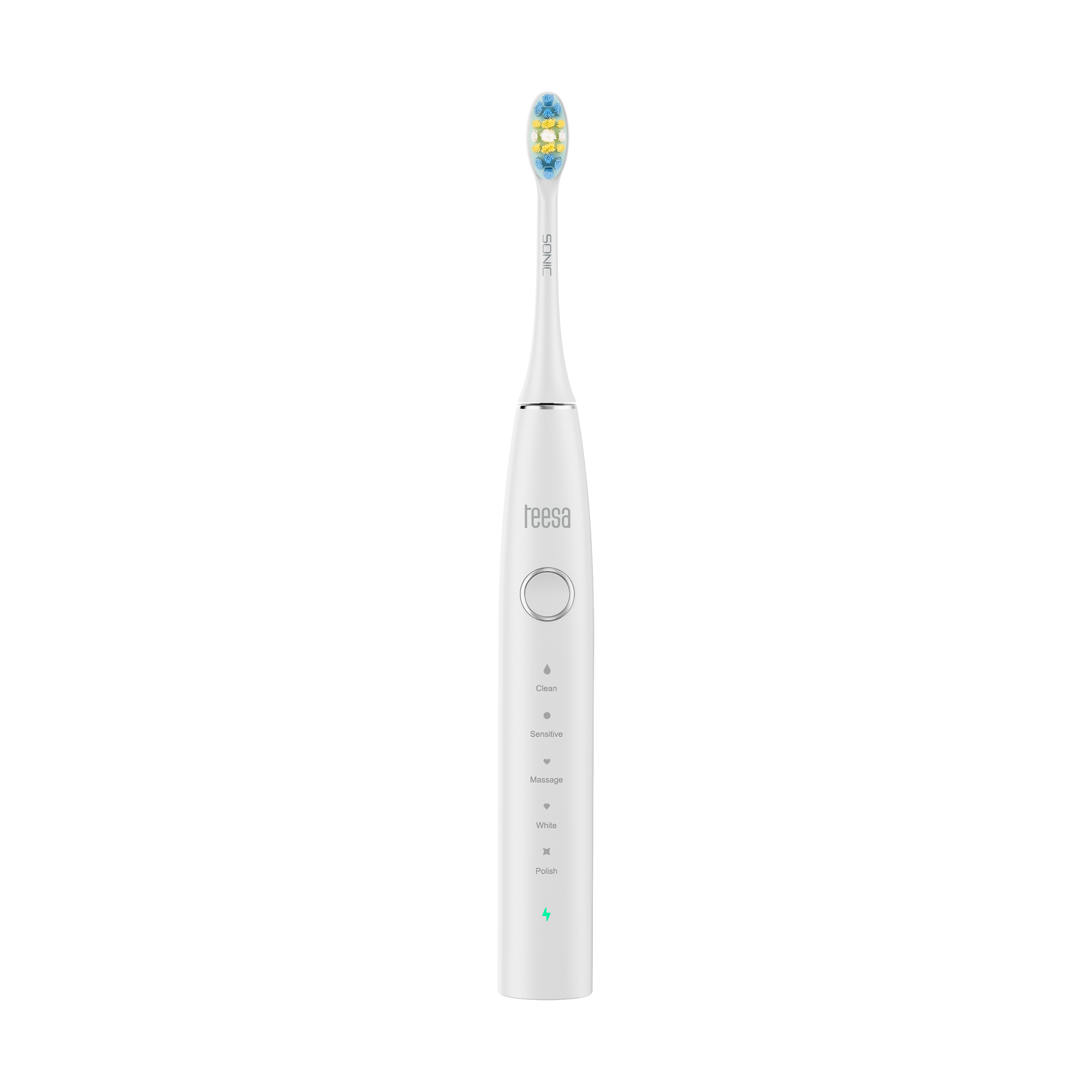 Biała elektryczna szczoteczka do zębów z niebiesko-żółtą główką, na uchwycie marka "Teesa" i ikony funkcji.