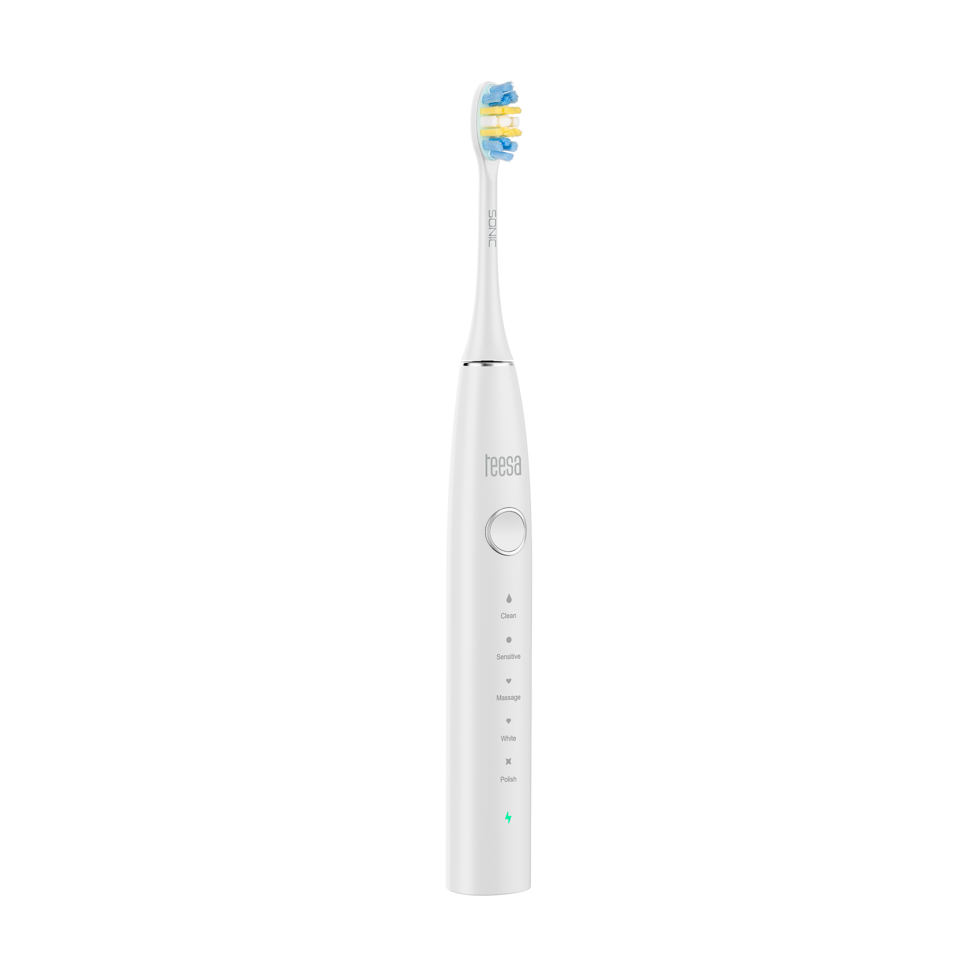 Biała elektryczna szczoteczka do zębów z niebieską i żółtą główką. Posiada markę "reesa" i wskaźniki różnych funkcji.