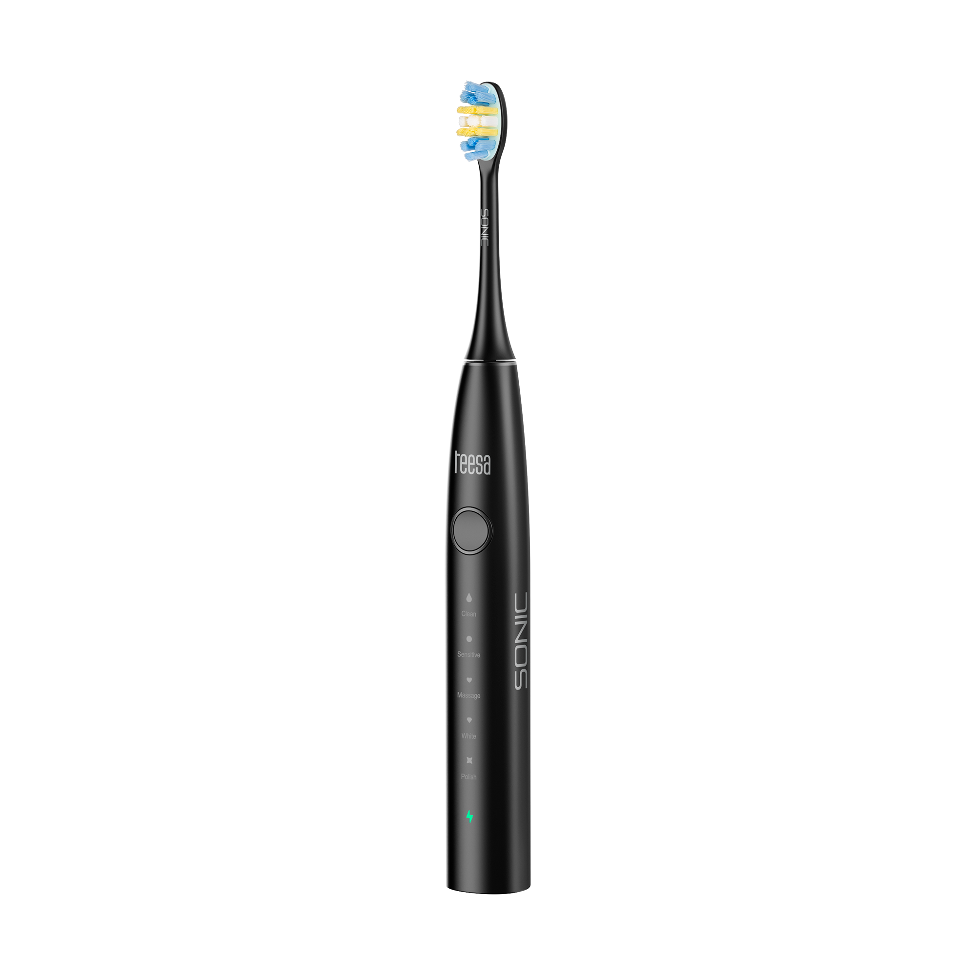 Czarna elektryczna szczoteczka do zębów z główką z niebieskim, żółtym i białym włosiem. Uchwyt ma przyciski i markę 'reesa'.
