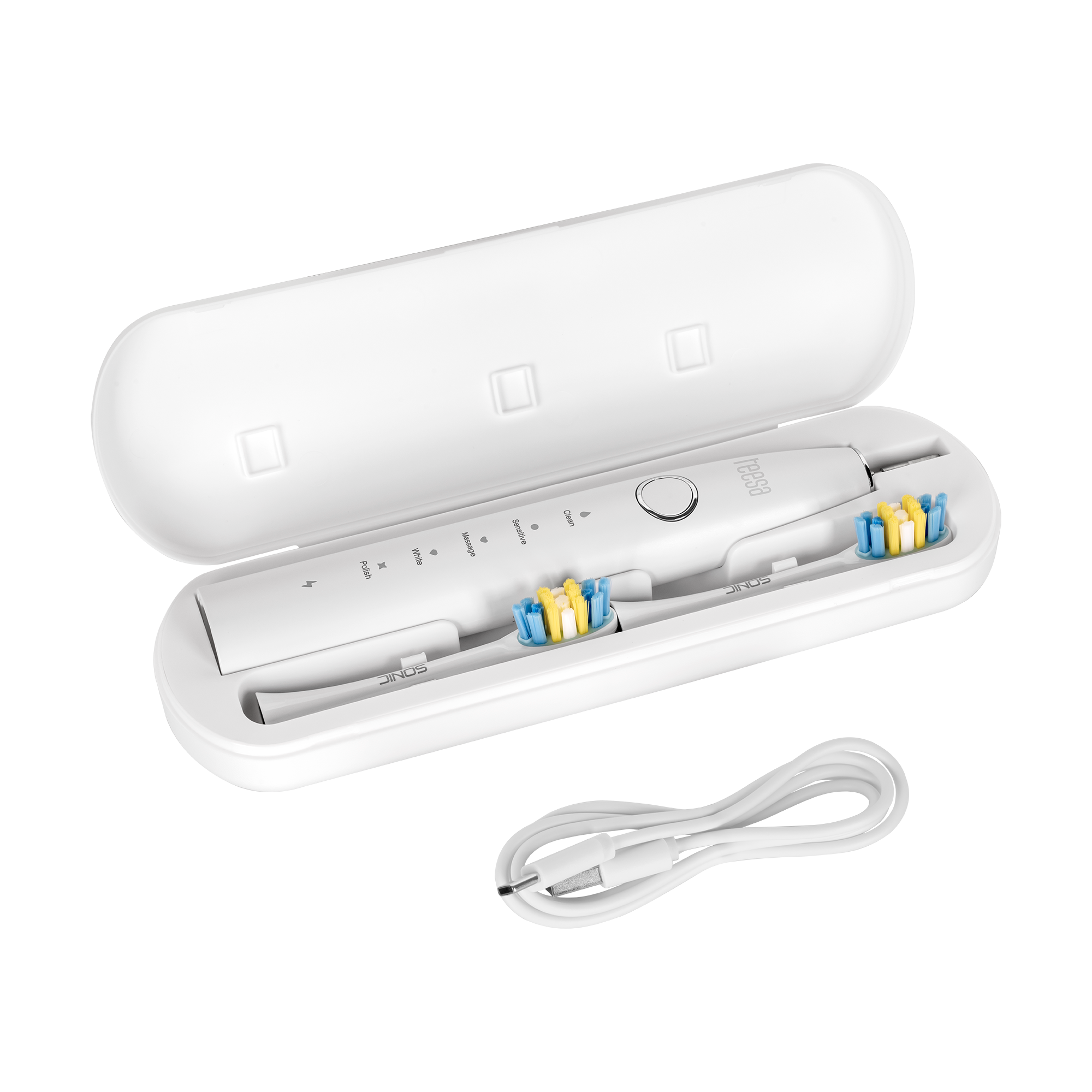Biała elektryczna szczoteczka do zębów w otwartym etui z dwiema główkami i kablem do ładowania. Główki mają niebieskie i żółte włosie.